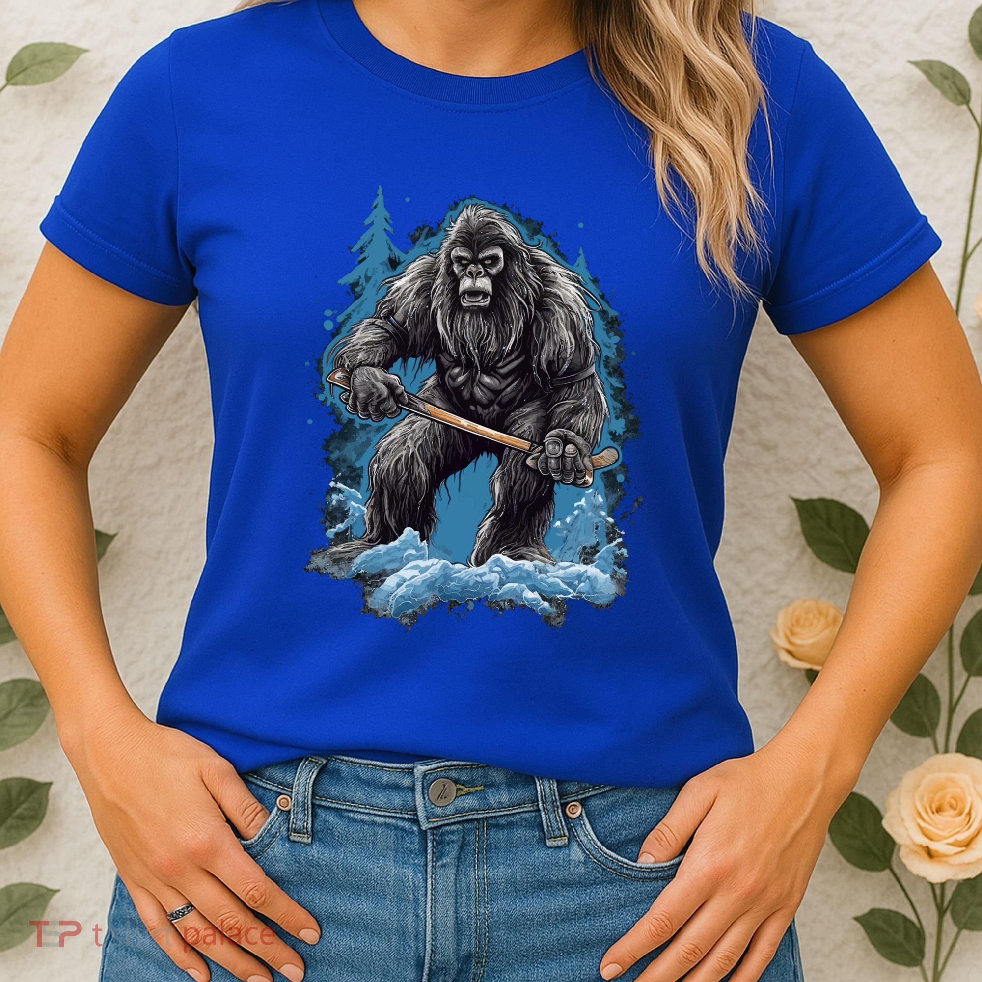 Bigfoot Playing Ice Hockey Funny Sasquatch Hockey Stick Funny Gift Women's T-Shirt