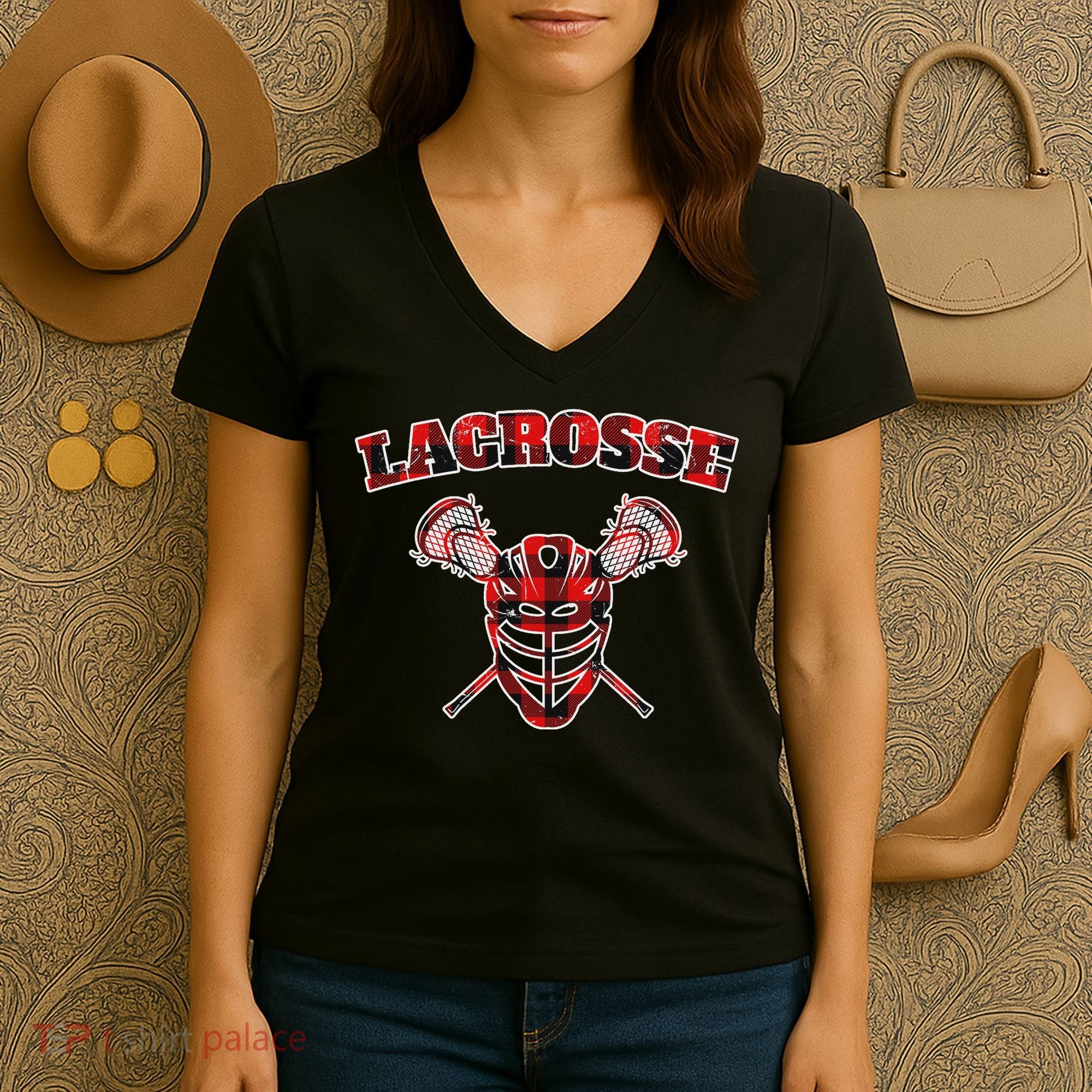 Buffalo Plaid Lacrosse Game Crossed Sticks Lax Women's V-Neck T-Shirt