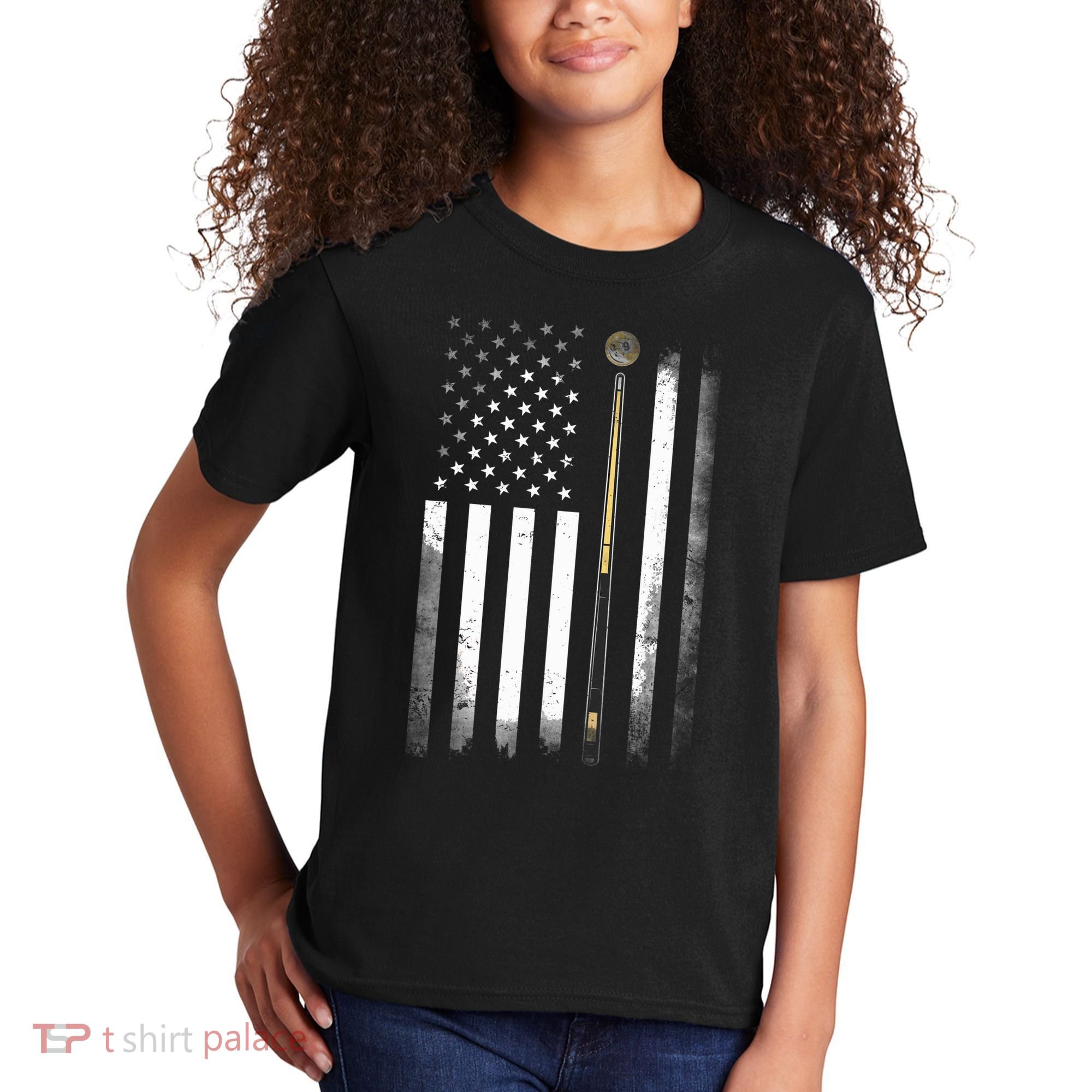 Billiards Pool Player Table USA US American Flag Kids T-Shirt