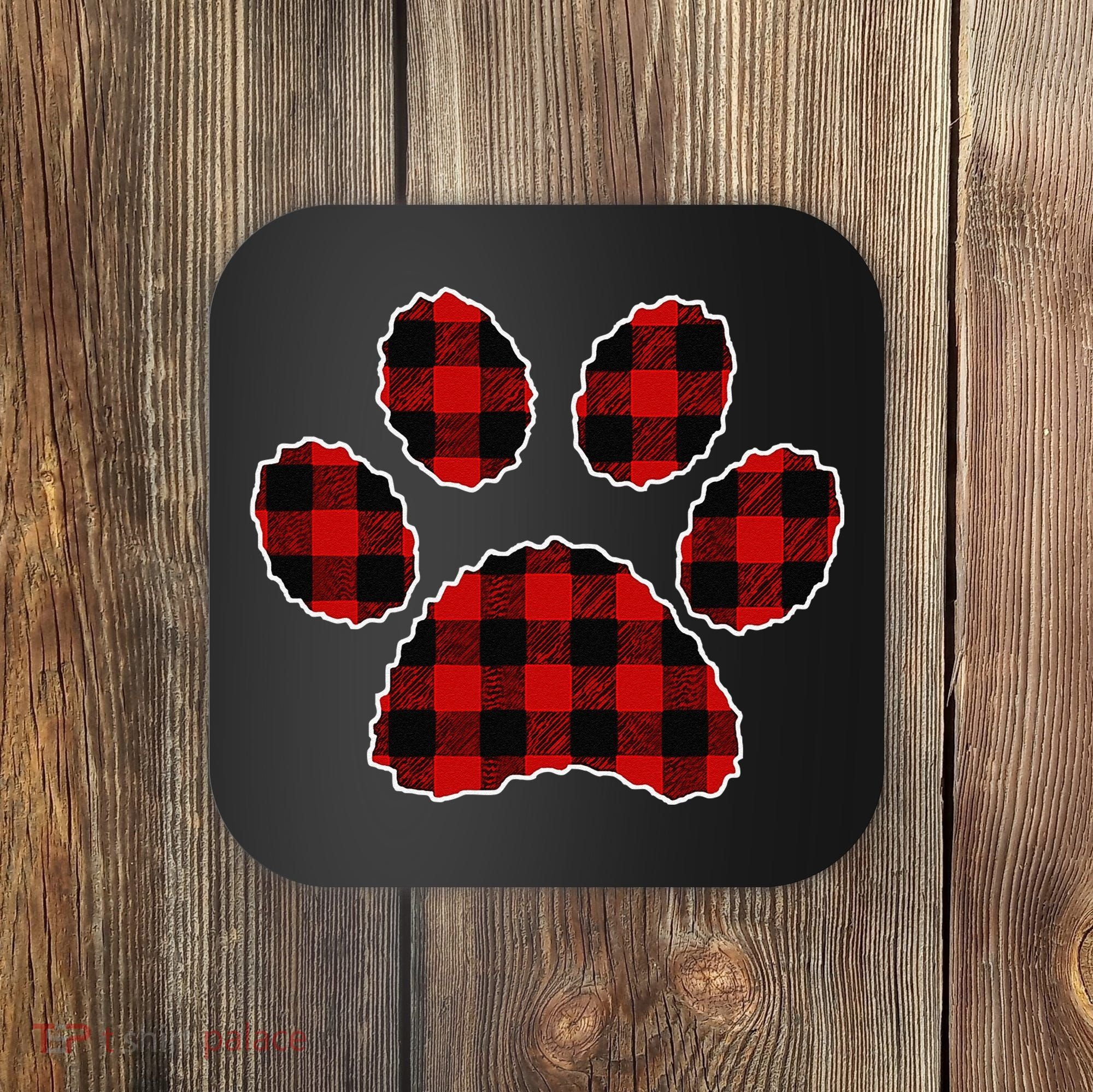 Buffalo Plaid Paw Print Dog Or Cat Lovers Christmas Coaster