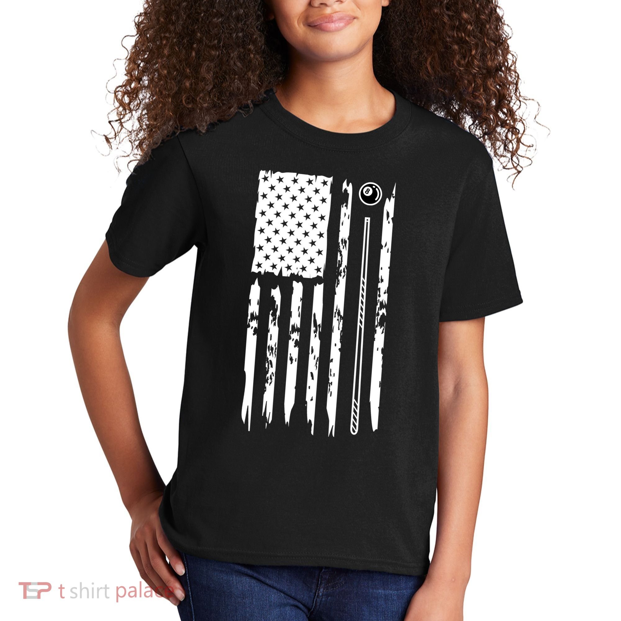 Billiards Pool Player Snooker Game US Flag Billiards Dad Gift For Father’s Day Kids T-Shirt