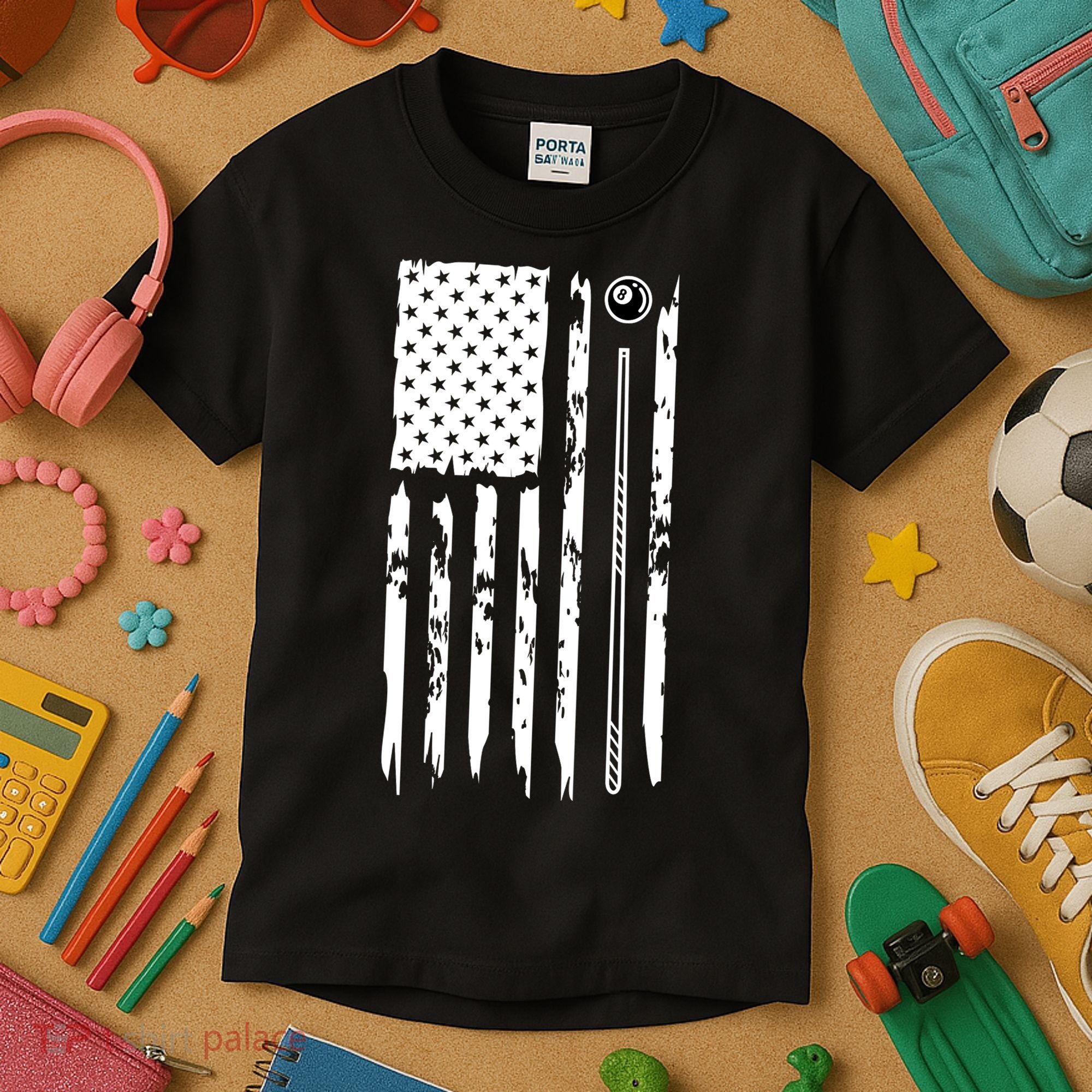 Billiards Pool Player Snooker Game US Flag Billiards Dad Gift For Father’s Day Kids T-Shirt