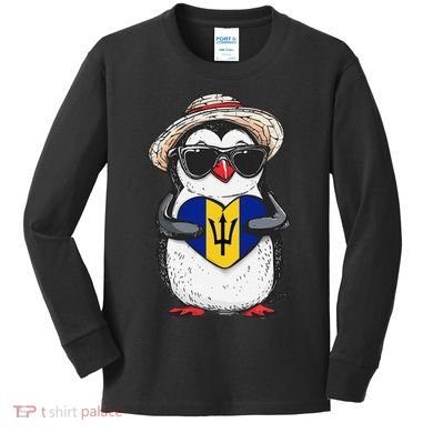 Bajan Pride Penguin Trident Heart Barbados Bajan Roots Kids Long Sleeve Shirt