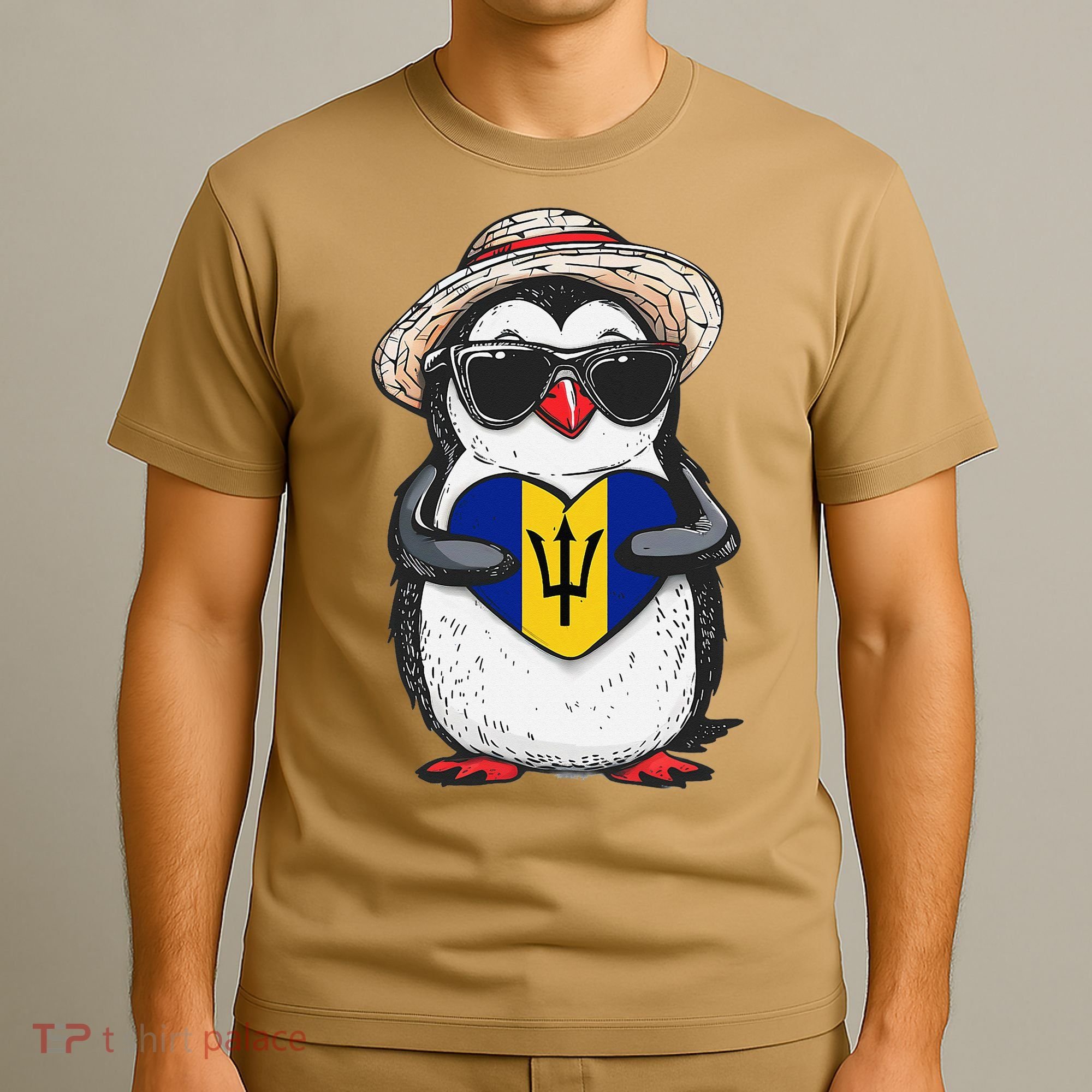 Bajan Pride Penguin Trident Heart Barbados Bajan Roots T-Shirt