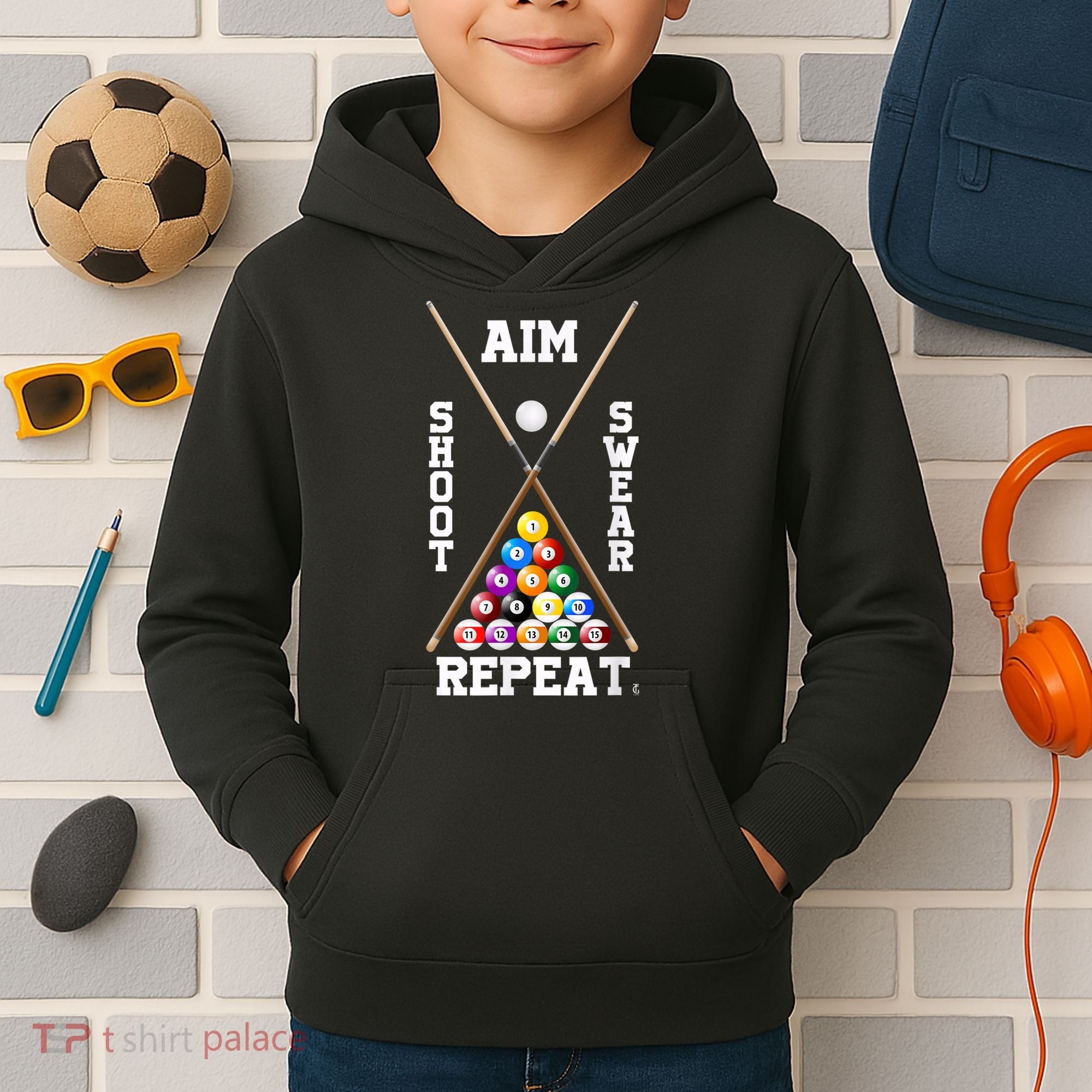 Billiard Pool Player Play Sport Aim Shoot Swear Repeat Kids Hoodie