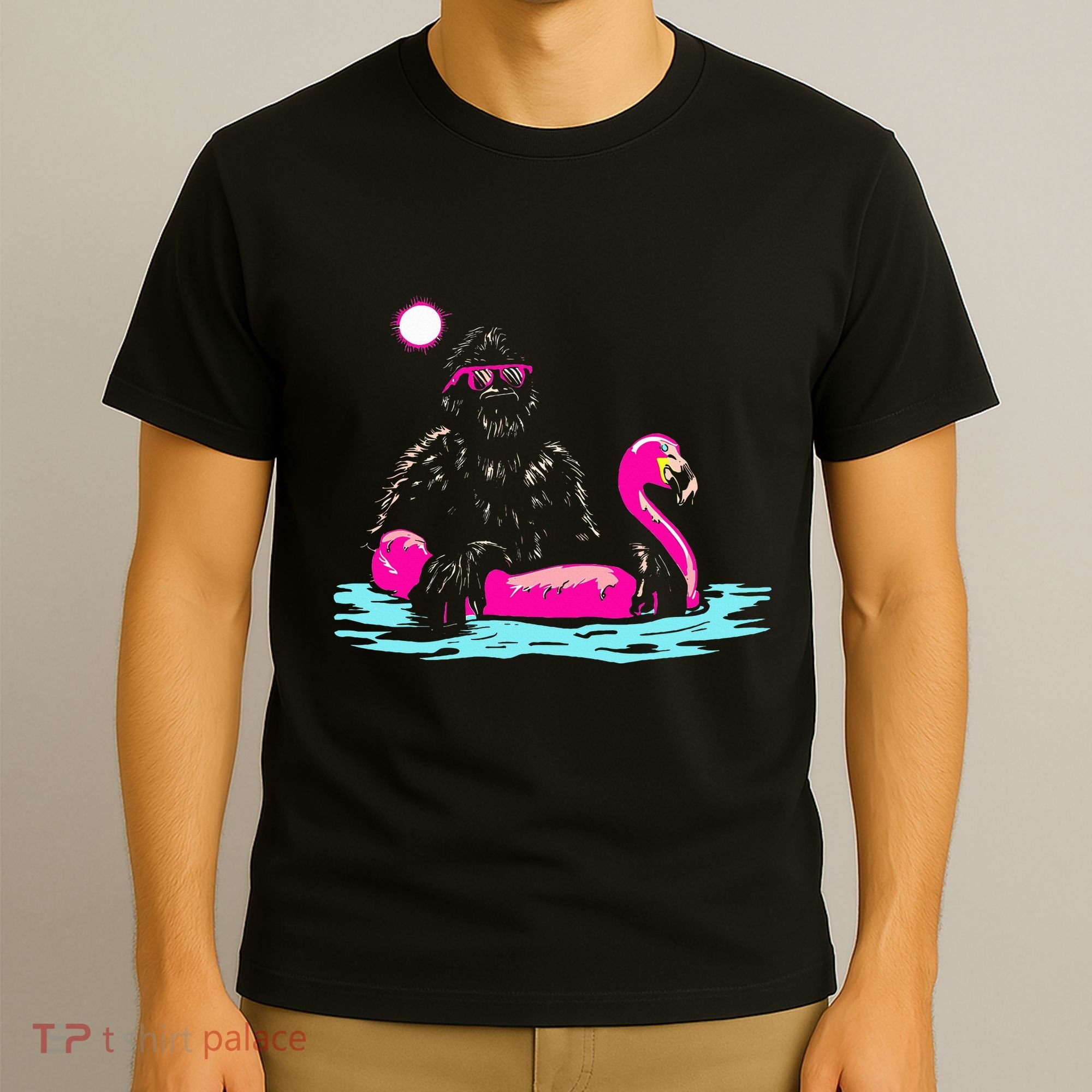 Bigfoot Pool Party Flamingo Funny Sasquatch Pink Float T-Shirt