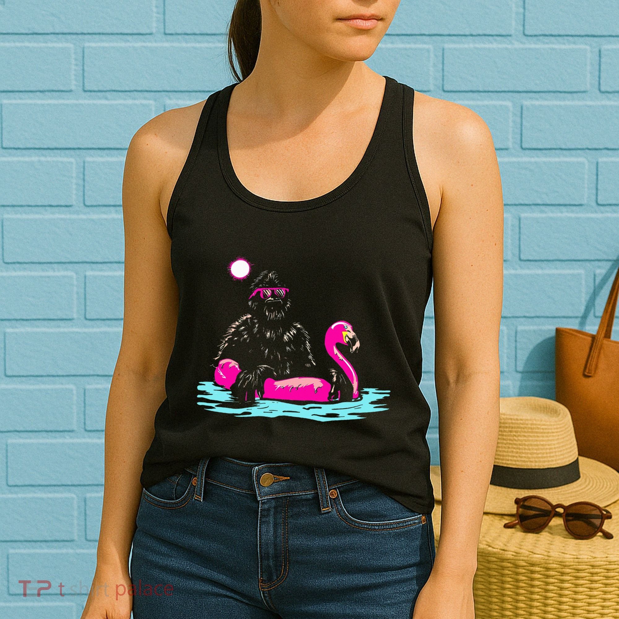 Bigfoot Pool Party Flamingo Funny Sasquatch Pink Float Women's Tank Top