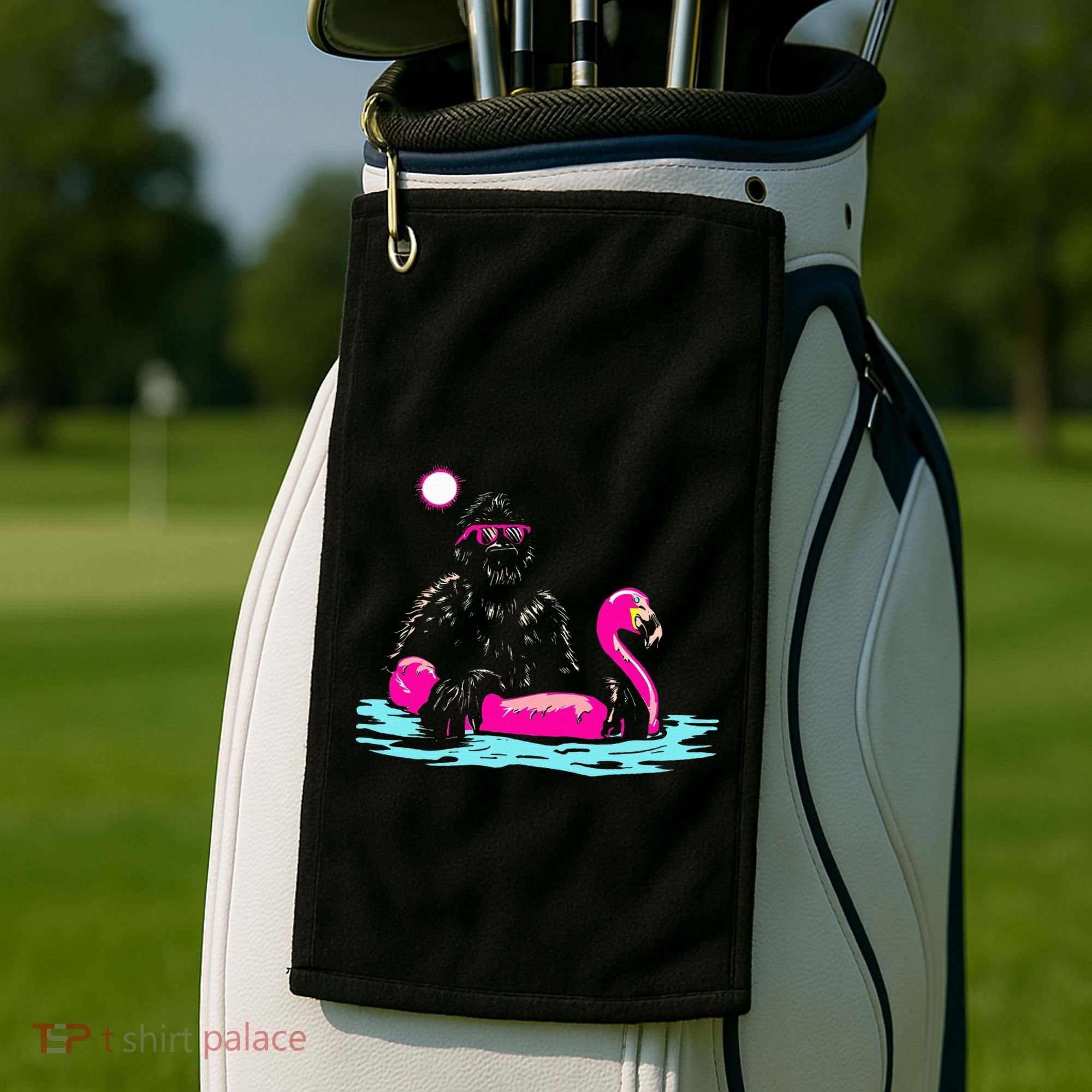 Bigfoot Pool Party Flamingo Funny Sasquatch Pink Float Golf Towel