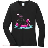 Bigfoot Pool Party Flamingo Funny Sasquatch Pink Float Women's Long Sleeve Shirt thumb 0