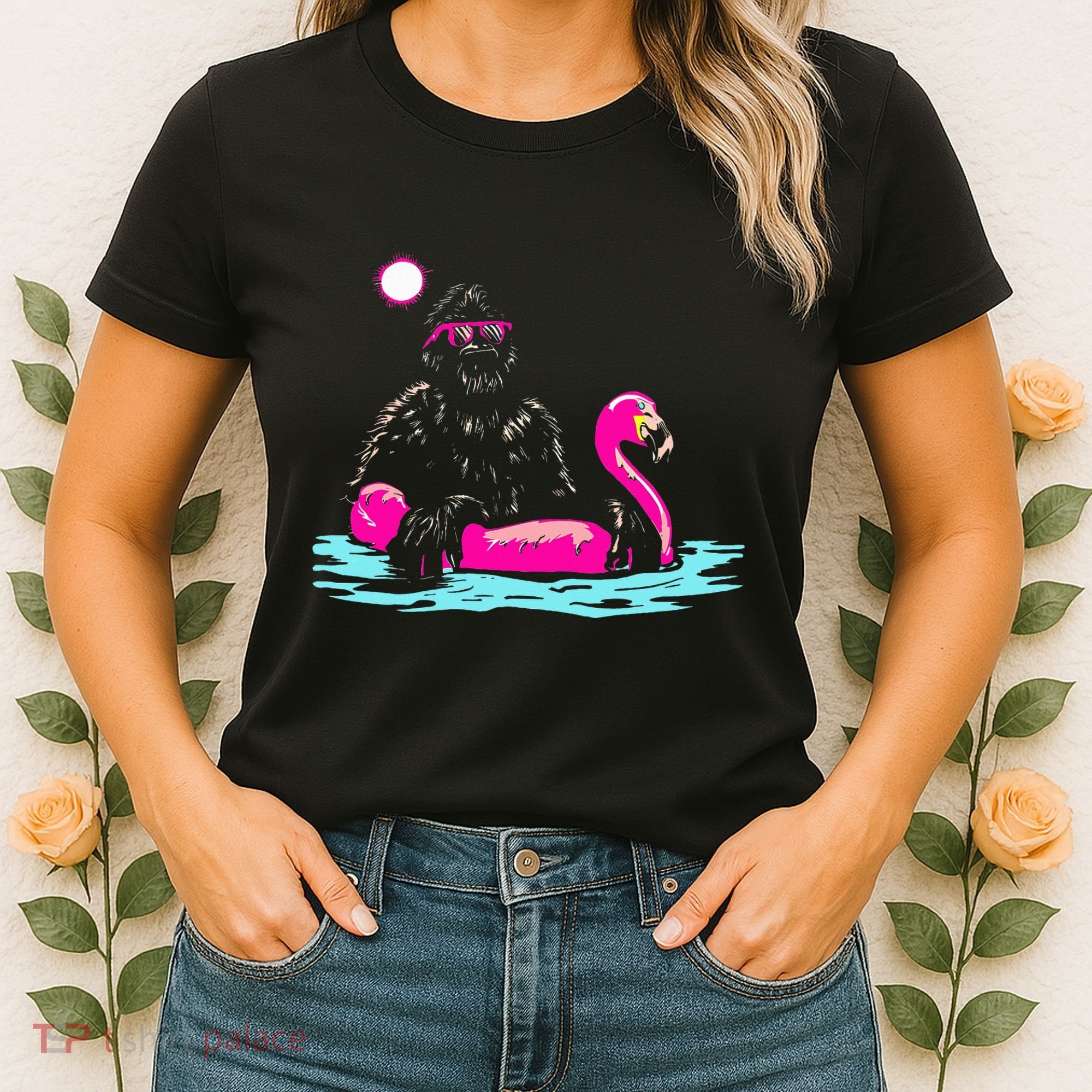 Bigfoot Pool Party Flamingo Funny Sasquatch Pink Float Women's T-Shirt