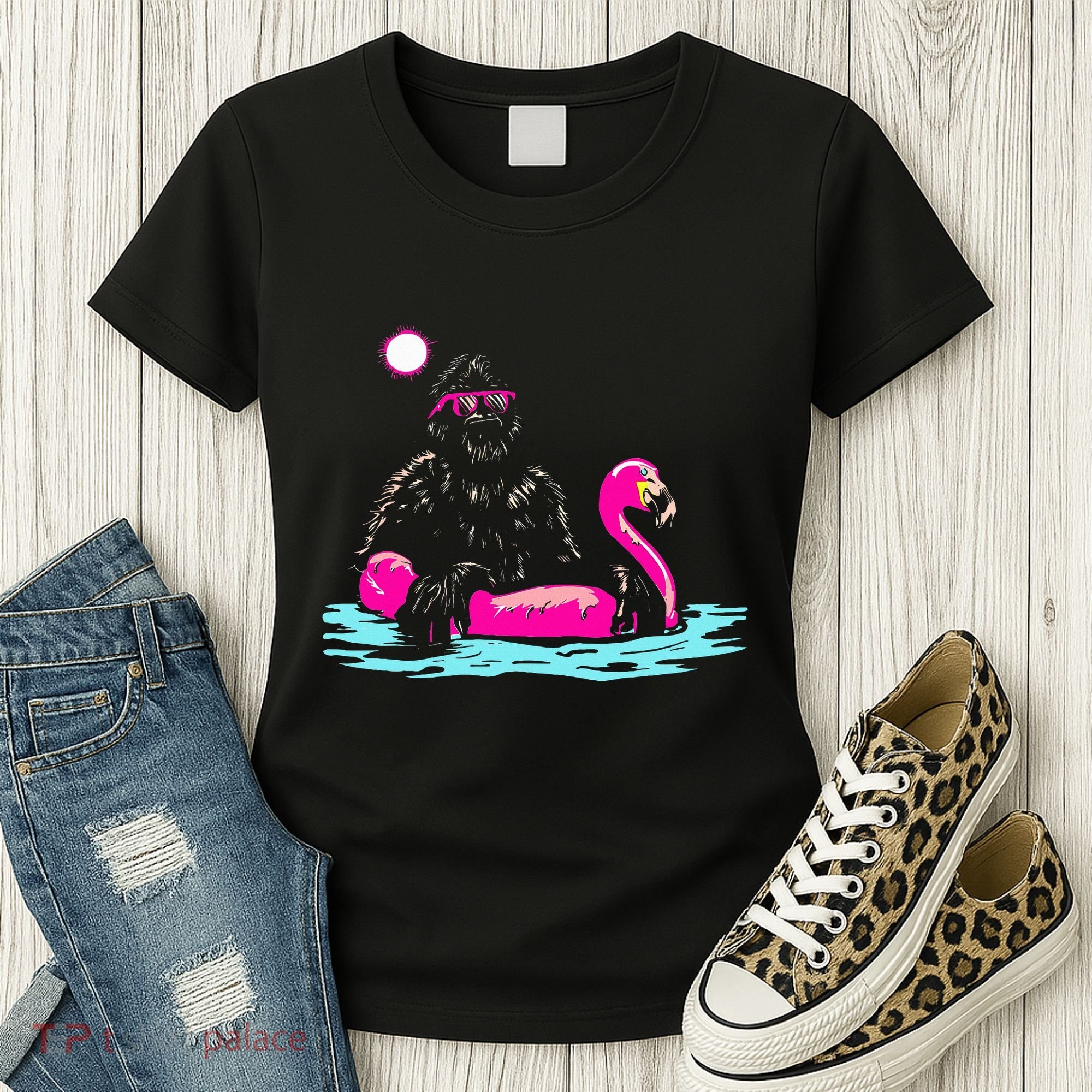 Bigfoot Pool Party Flamingo Funny Sasquatch Pink Float Women's T-Shirt