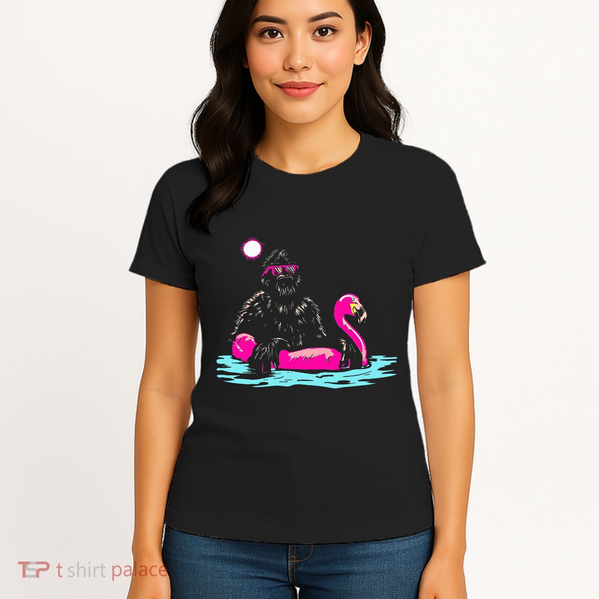 Bigfoot Pool Party Flamingo Funny Sasquatch Pink Float Women's T-Shirt