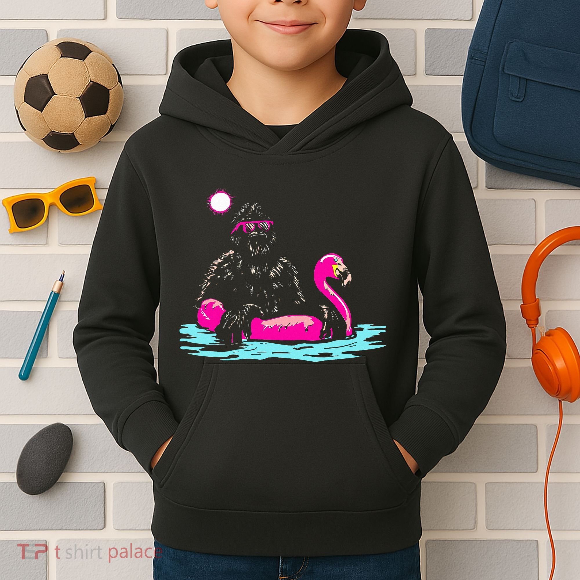 Bigfoot Pool Party Flamingo Funny Sasquatch Pink Float Kids Hoodie