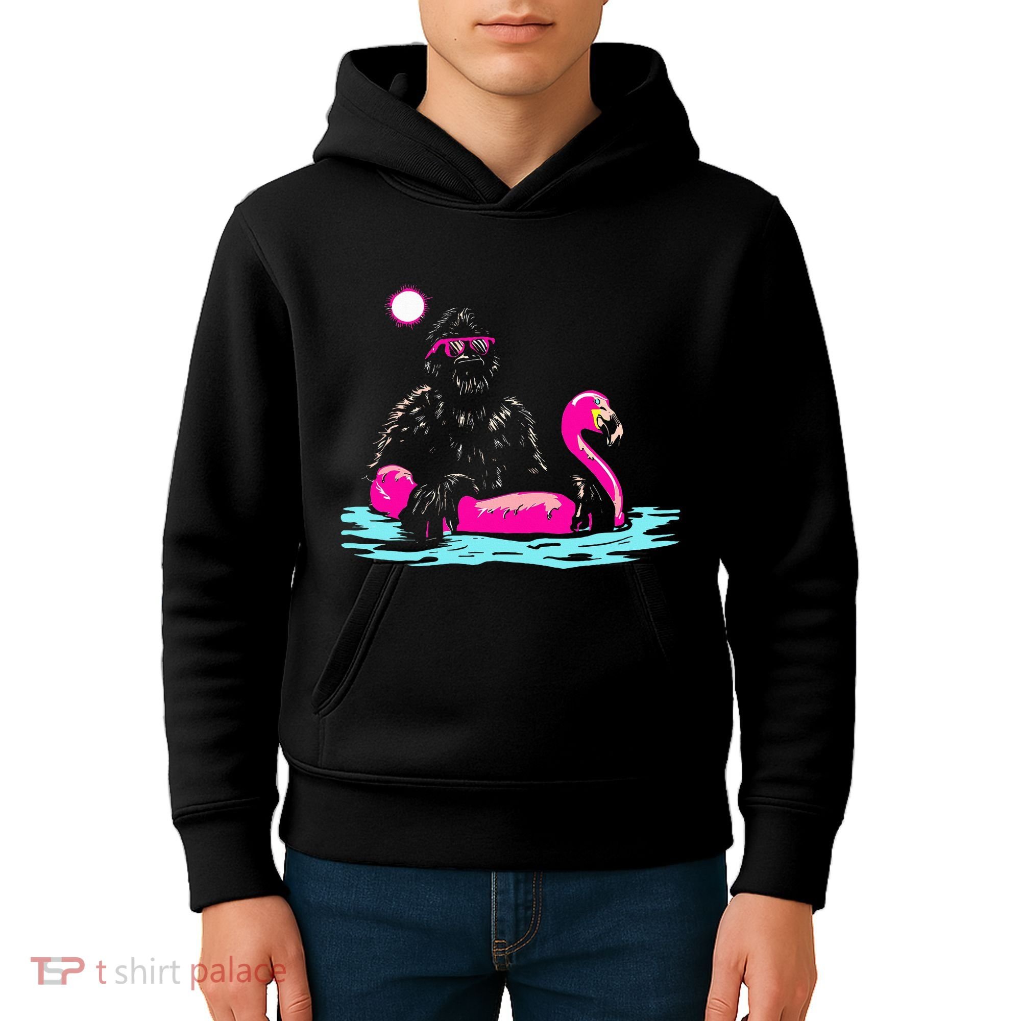 Bigfoot Pool Party Flamingo Funny Sasquatch Pink Float Kids Hoodie