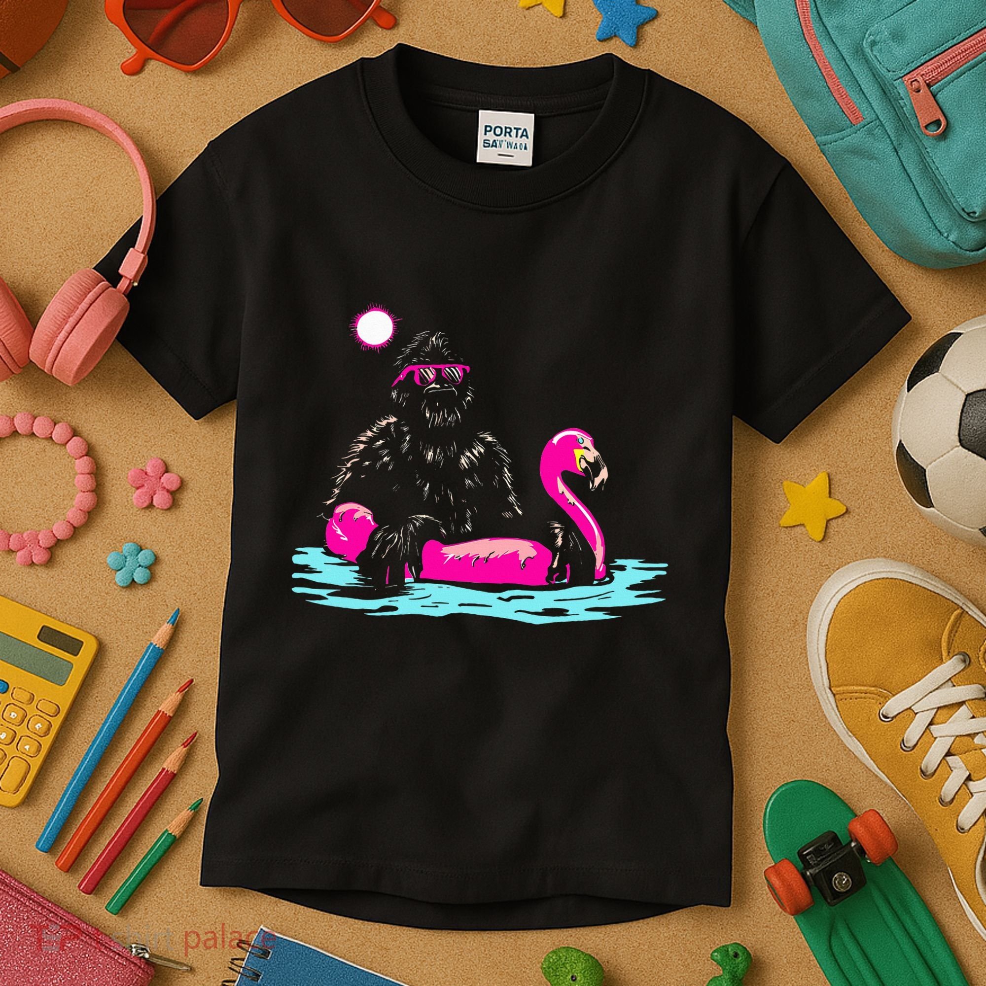Bigfoot Pool Party Flamingo Funny Sasquatch Pink Float Kids T-Shirt