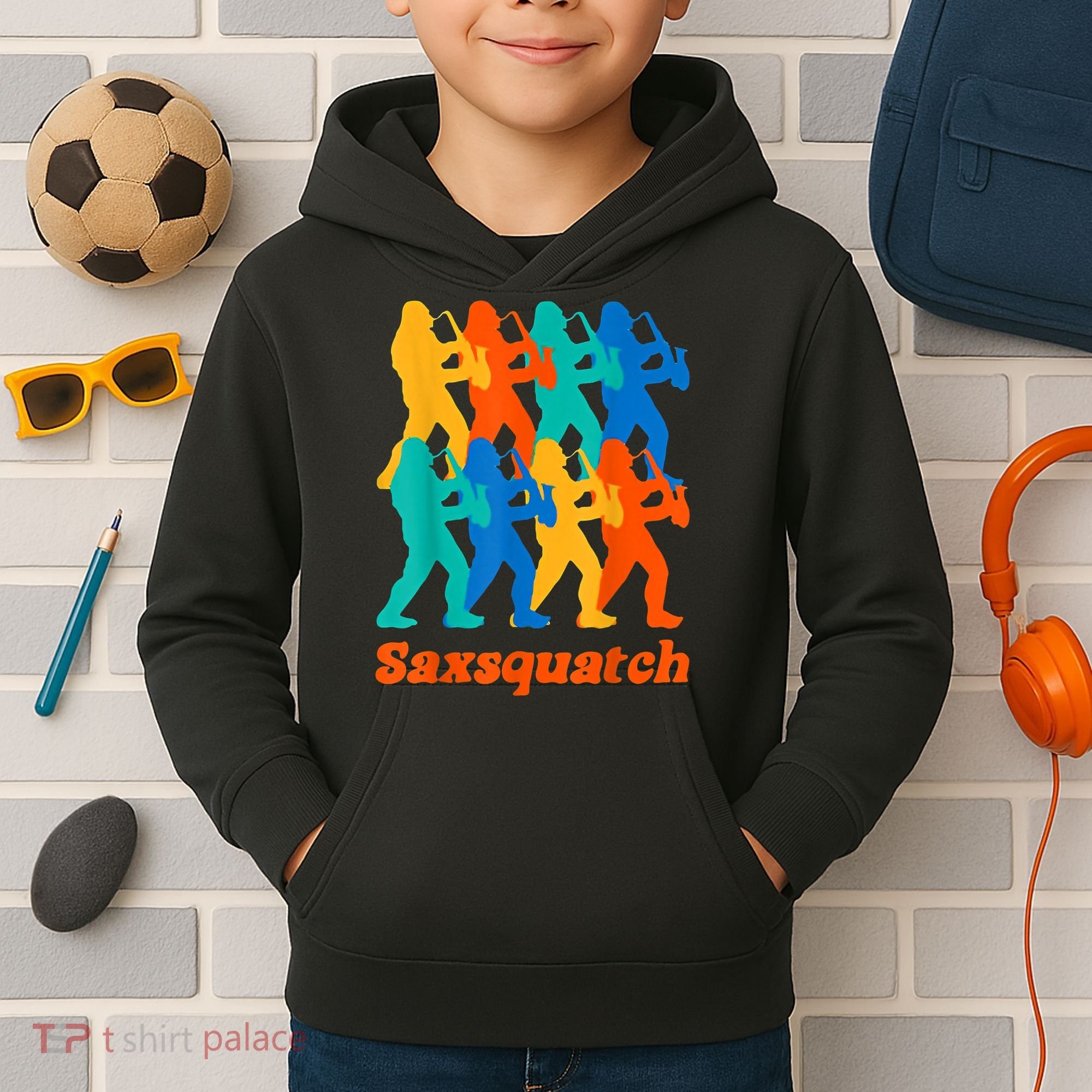 Bigfoot Playing Saxophone Saxsquatch Kids Hoodie