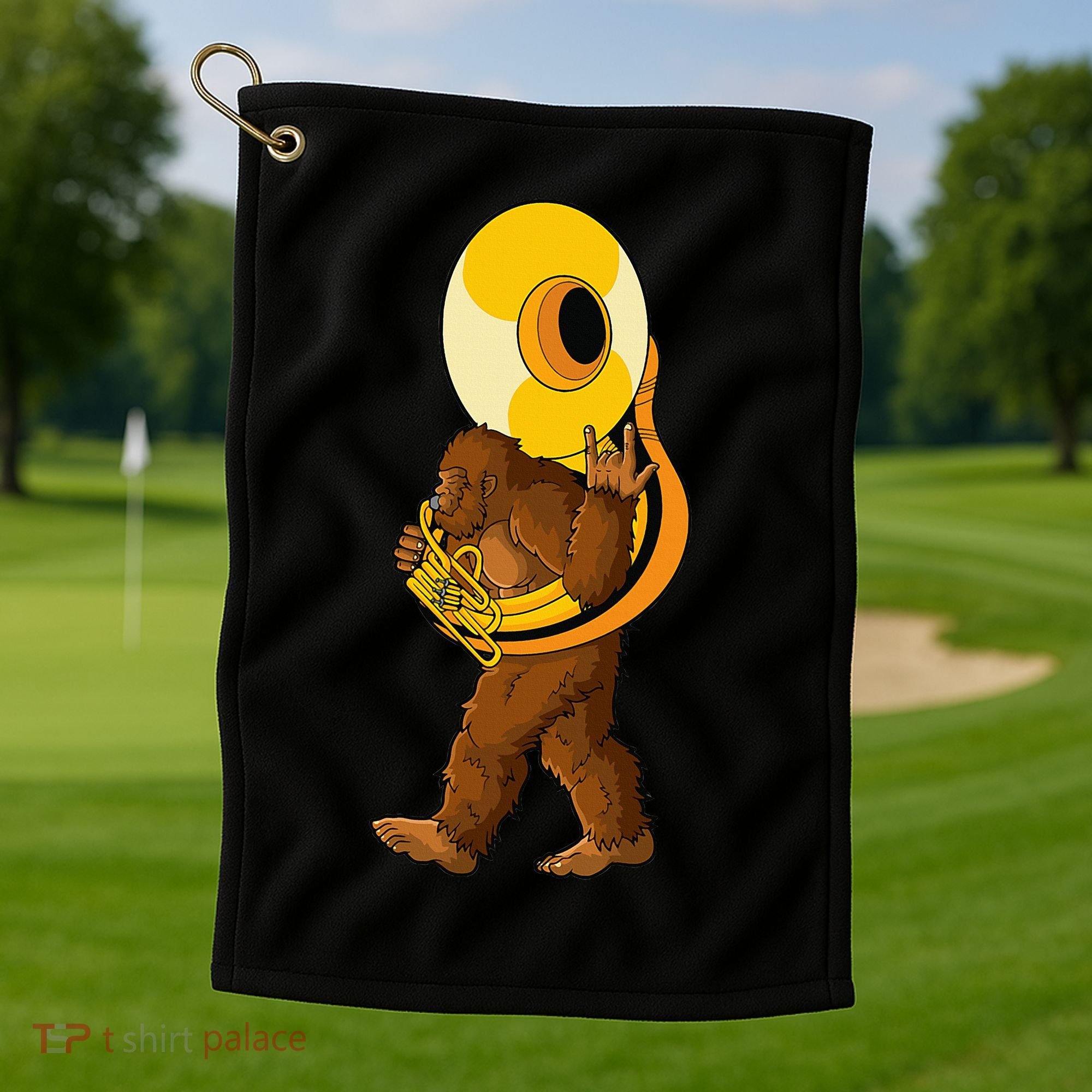 Bigfoot playing sousaphone instrument tuba Golf Towel