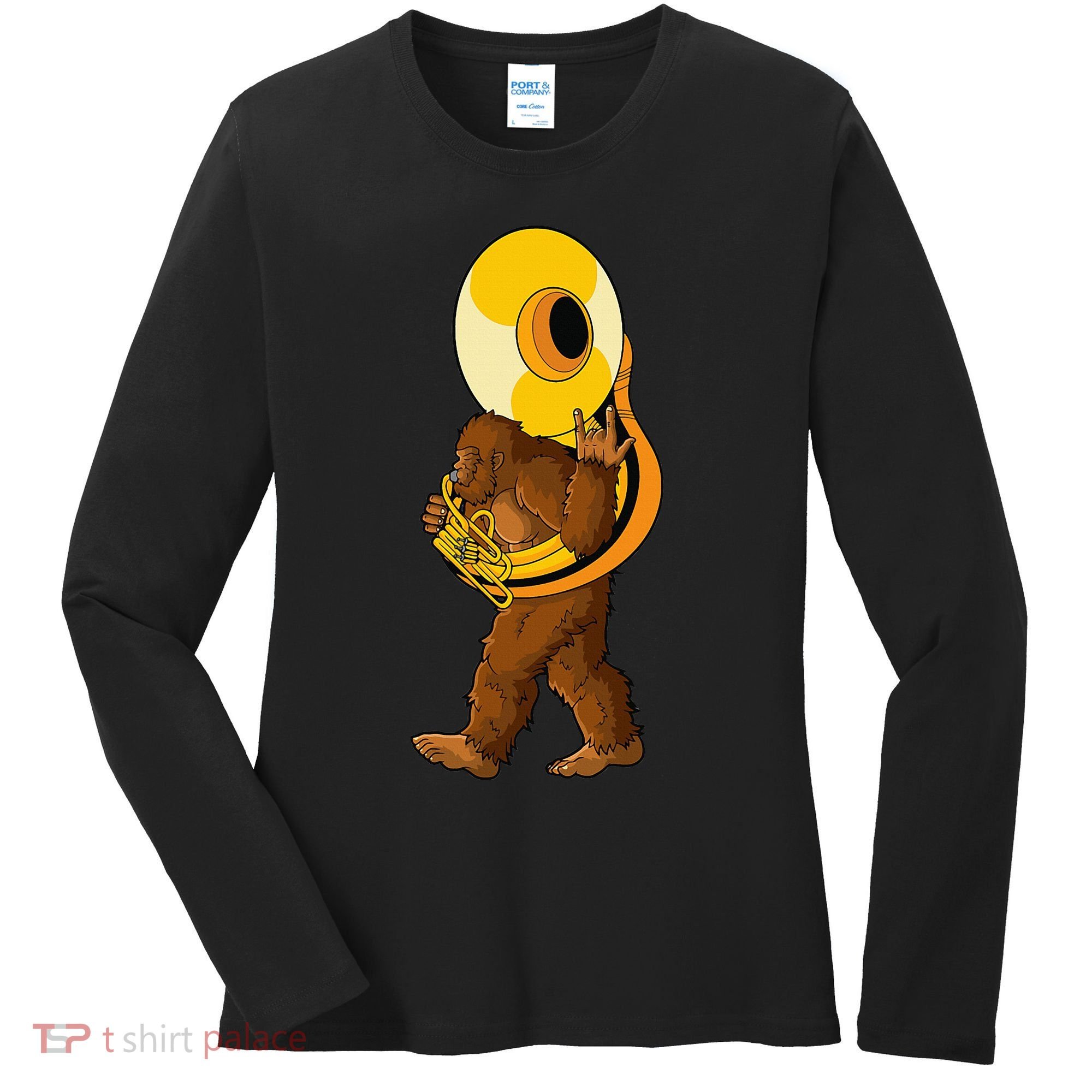 Bigfoot playing sousaphone instrument tuba Women's Long Sleeve Shirt