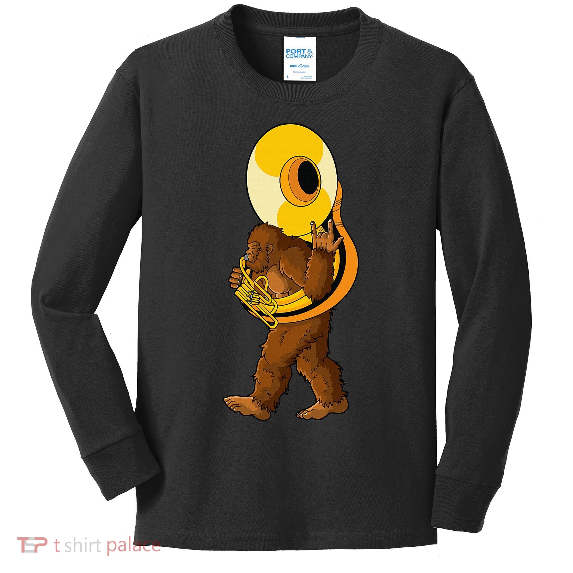Bigfoot playing sousaphone instrument tuba Kids Long Sleeve Shirt