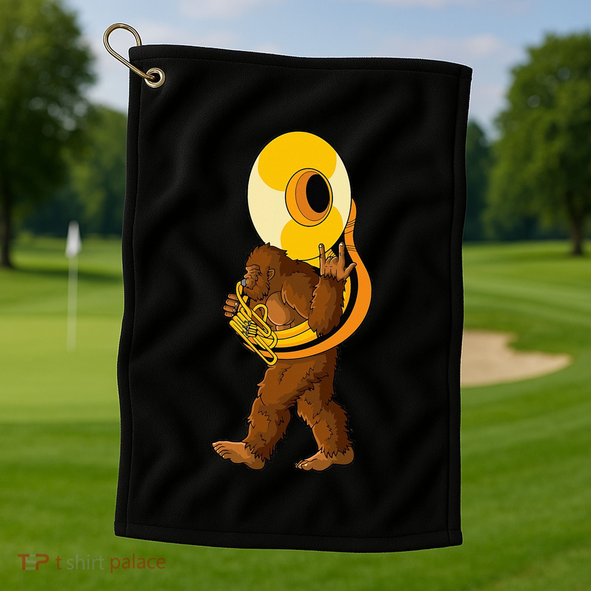 Bigfoot Playing Sousaphone Instrument Tuba Golf Towel