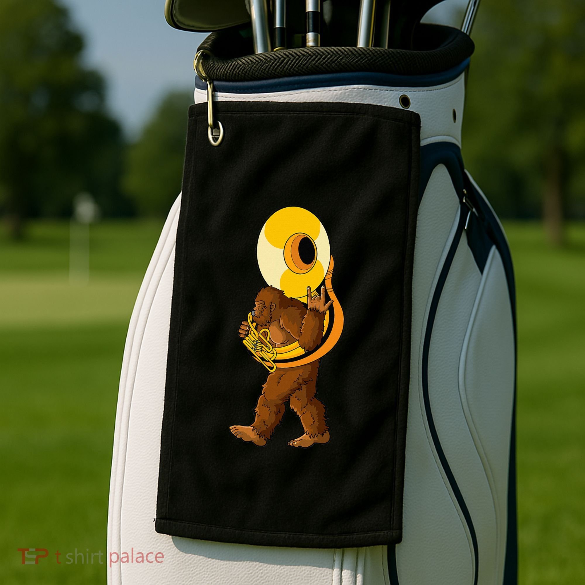 Bigfoot Playing Sousaphone Instrument Tuba Golf Towel