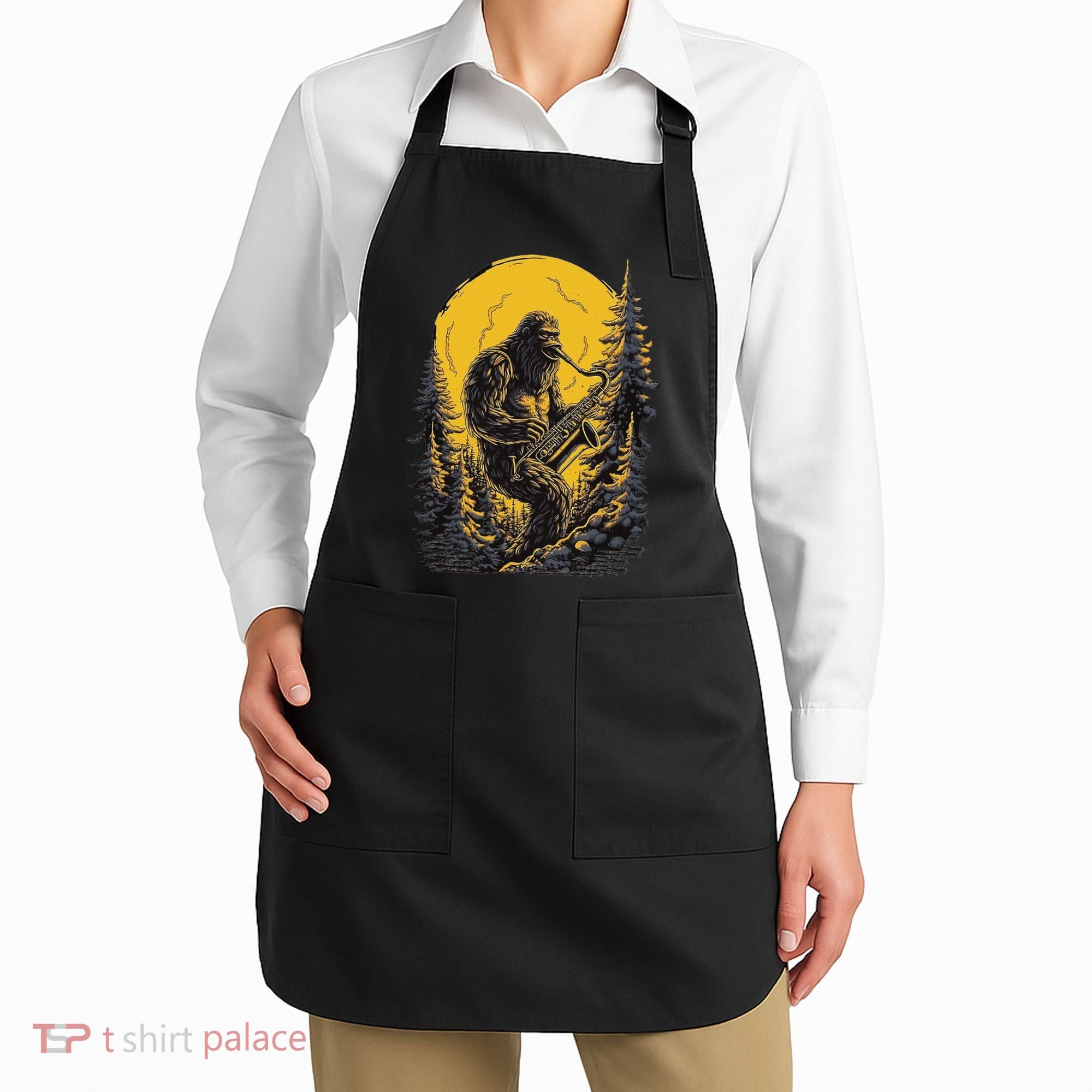 Bigfoot Playing Saxophone Aesthetic Sasquatch Saxophone Apron