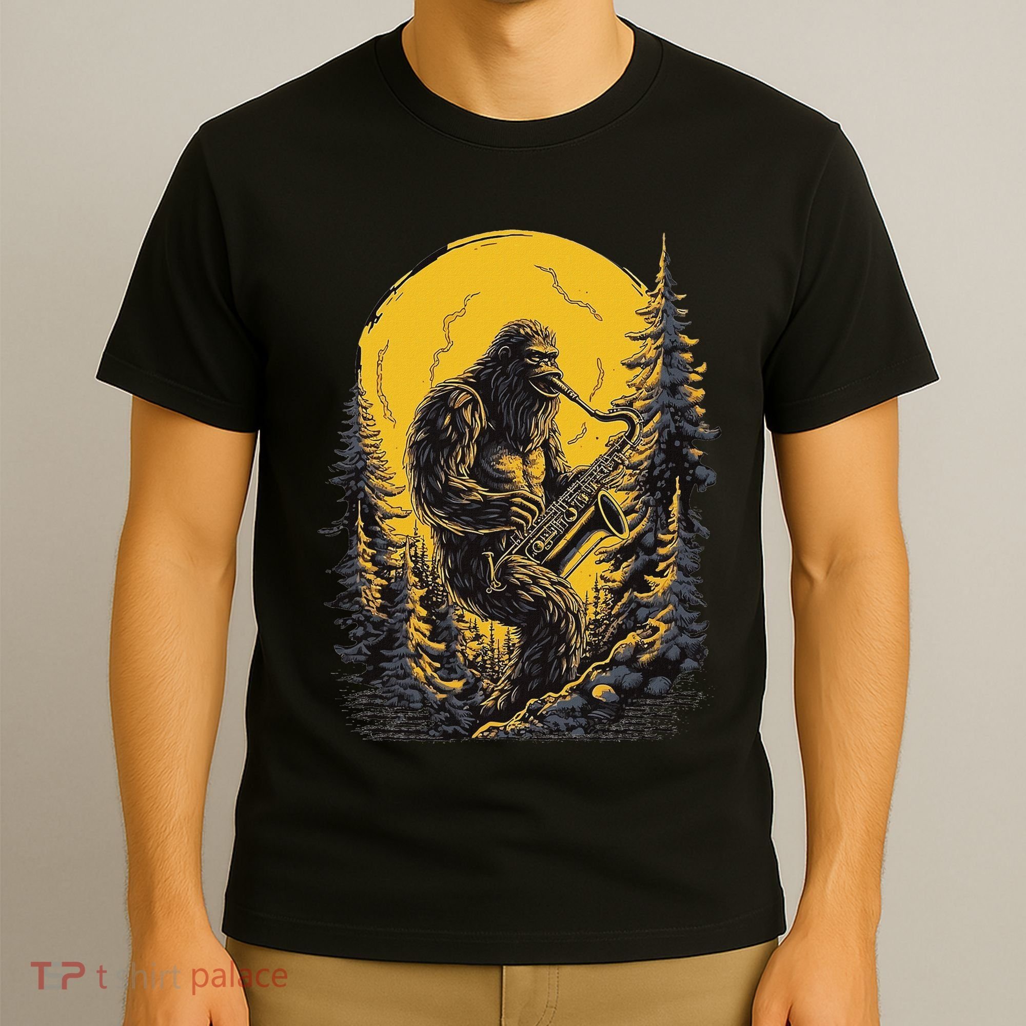 Bigfoot Playing Saxophone Aesthetic Sasquatch Saxophone T-Shirt