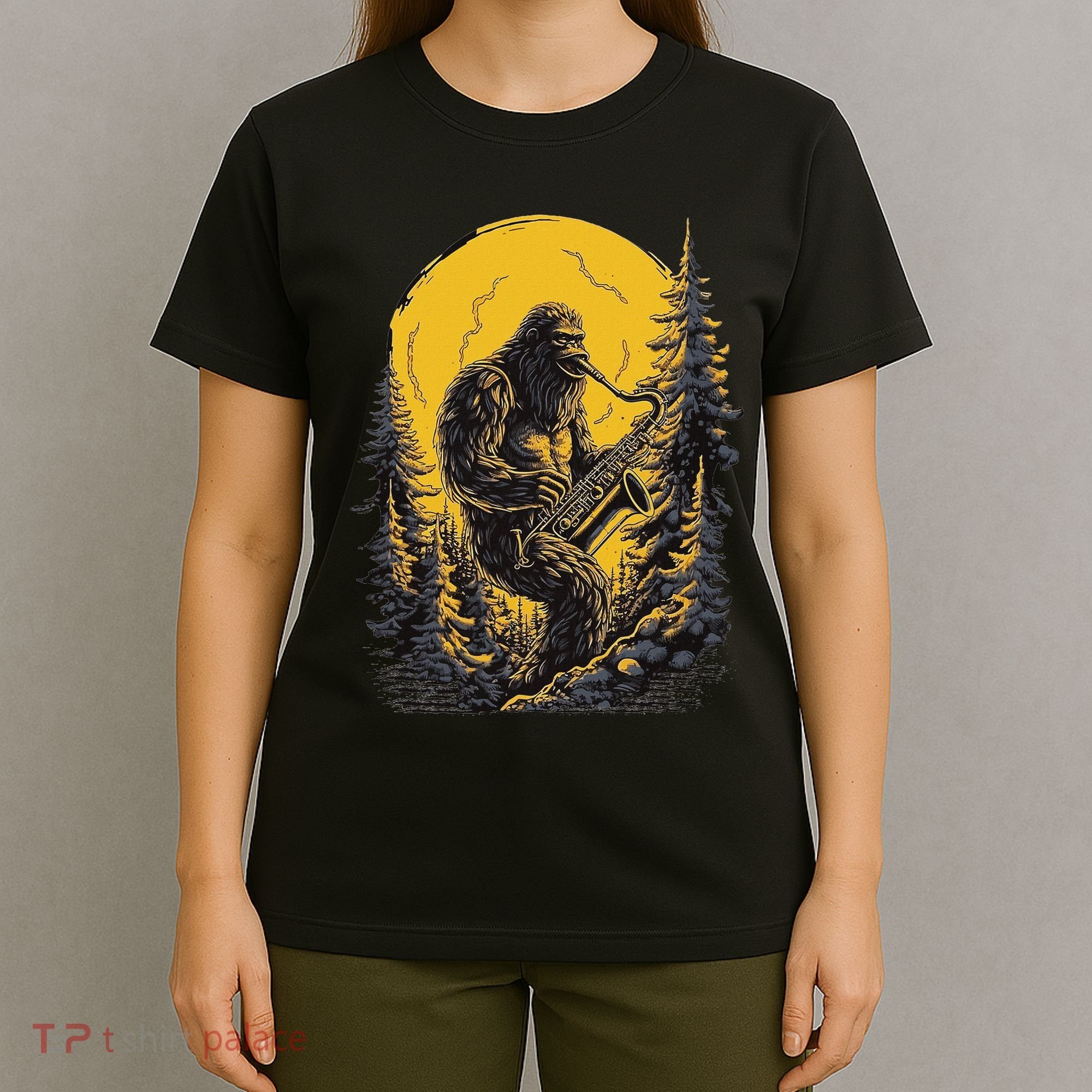 Bigfoot Playing Saxophone Aesthetic Sasquatch Saxophone T-Shirt