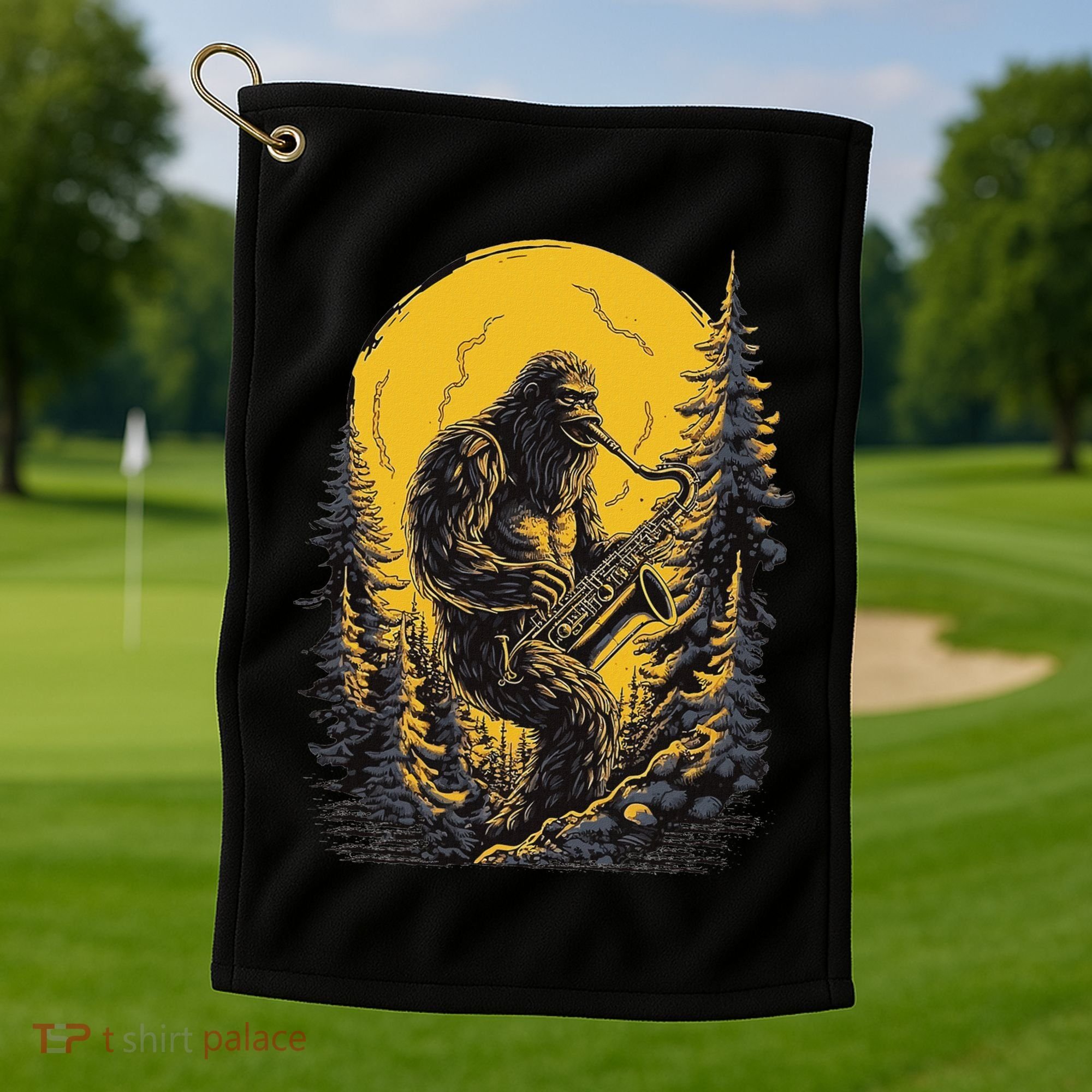 Bigfoot Playing Saxophone Aesthetic Sasquatch Saxophone Golf Towel