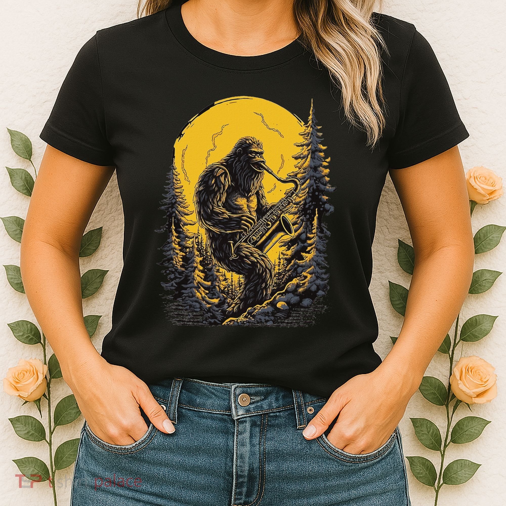 Bigfoot Playing Saxophone Aesthetic Sasquatch Saxophone Women's T-Shirt