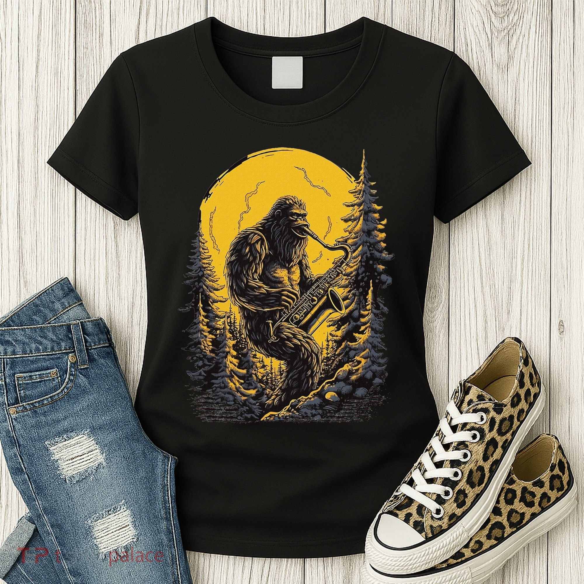 Bigfoot Playing Saxophone Aesthetic Sasquatch Saxophone Women's T-Shirt