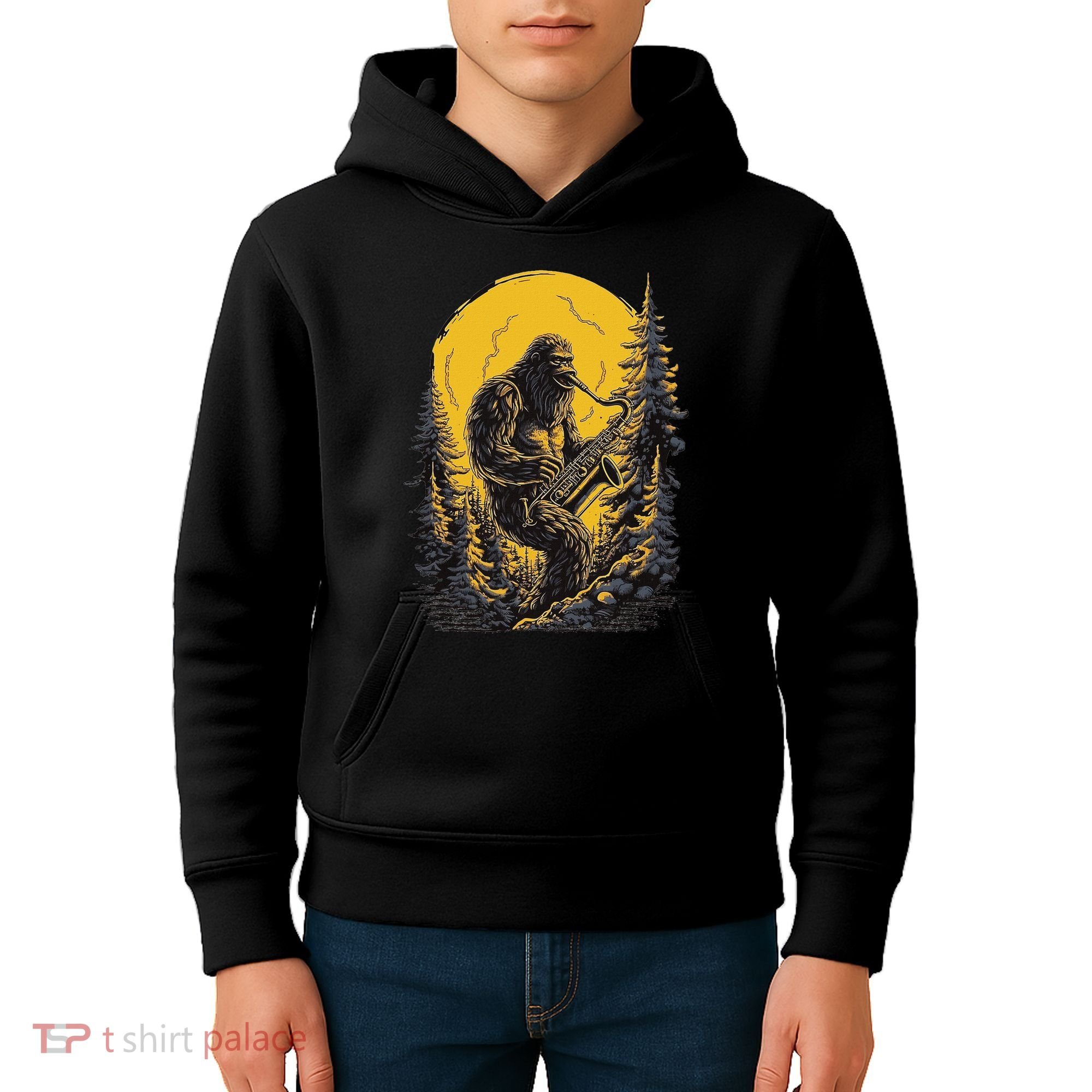 Bigfoot Playing Saxophone Aesthetic Sasquatch Saxophone Kids Hoodie