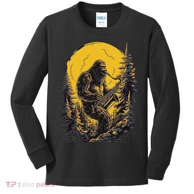 Bigfoot Playing Saxophone Aesthetic Sasquatch Saxophone Kids Long Sleeve Shirt