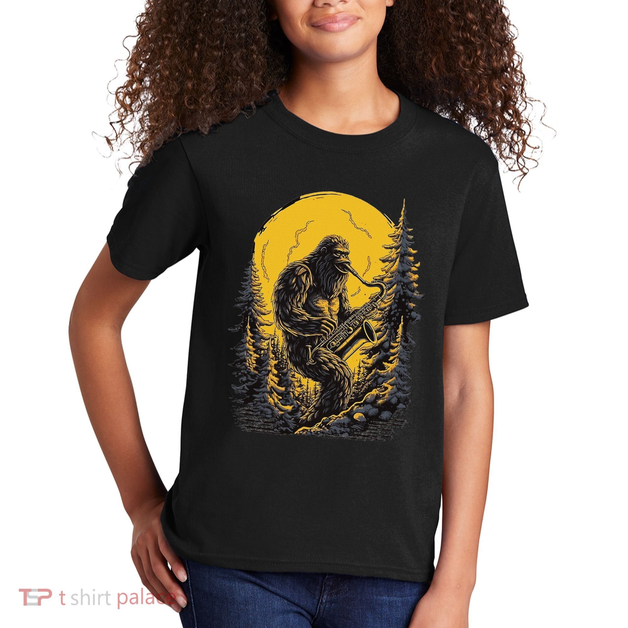 Bigfoot Playing Saxophone Aesthetic Sasquatch Saxophone Kids T-Shirt