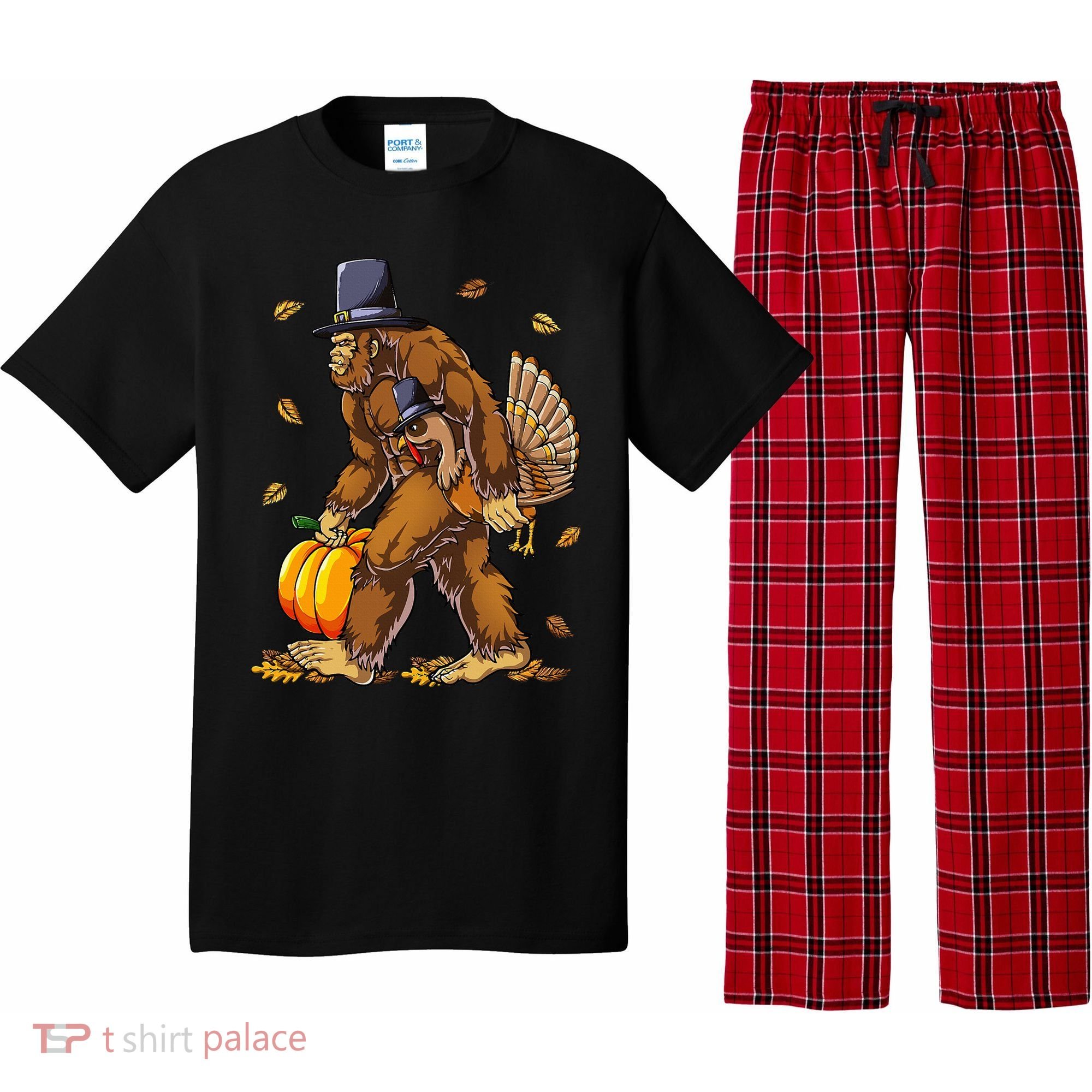 Bigfoot Pilgrim Turkey Pumpkin Thanksgiving Day Pajama Set
