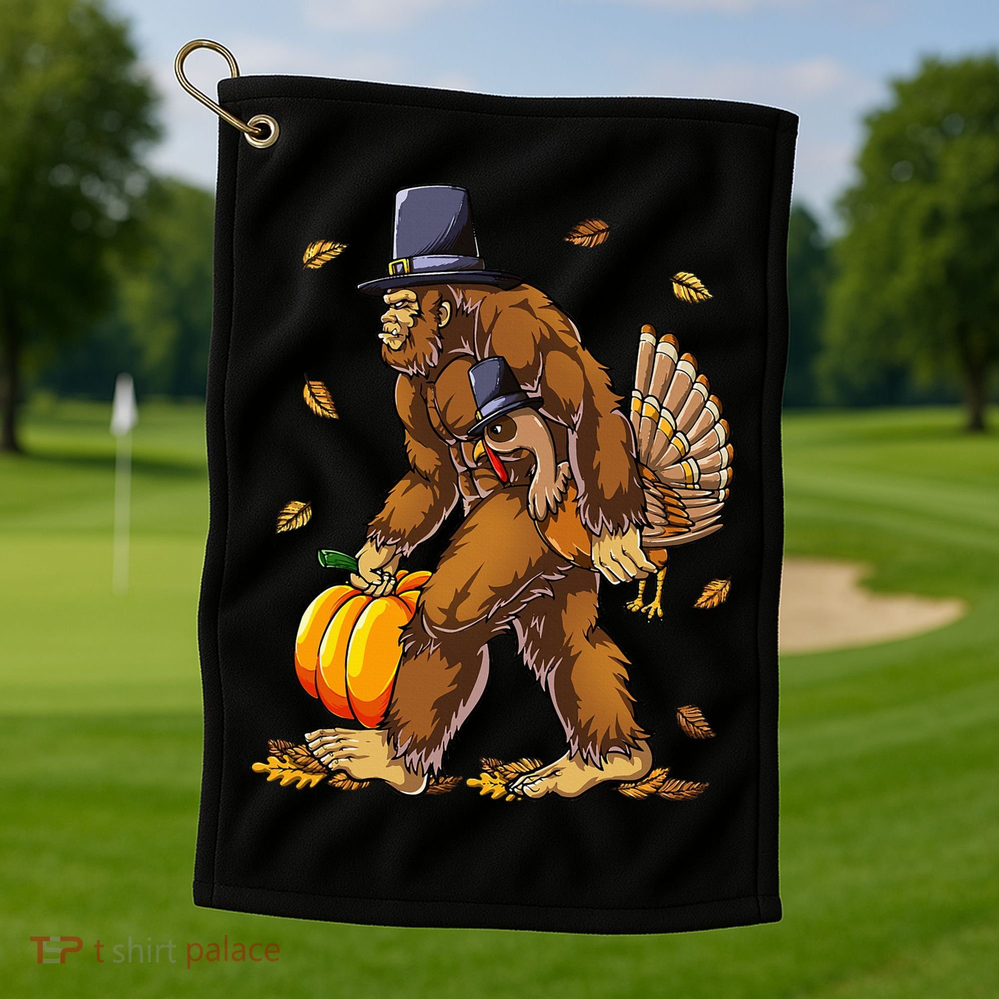 Bigfoot Pilgrim Turkey Pumpkin Thanksgiving Day Golf Towel