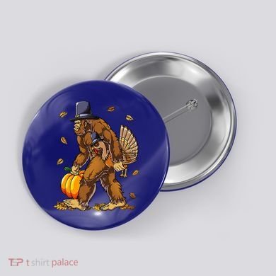 Bigfoot Pilgrim Turkey Pumpkin Thanksgiving Day Button