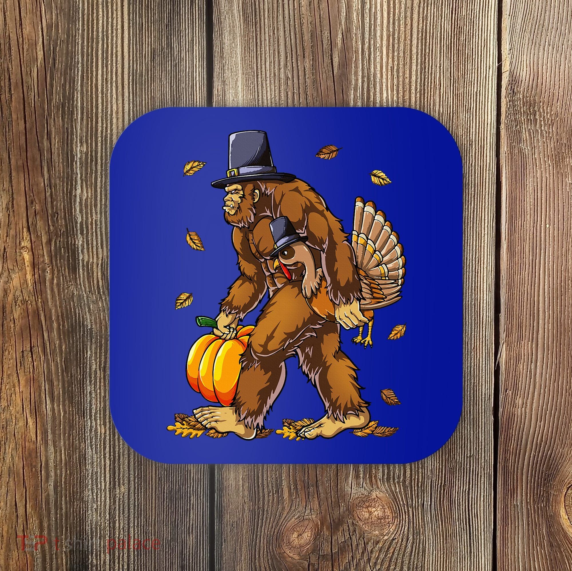 Bigfoot Pilgrim Turkey Pumpkin Thanksgiving Day Coaster