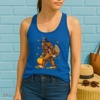 Bigfoot Pilgrim Turkey Pumpkin Thanksgiving Day Women's Tank Top thumb 2