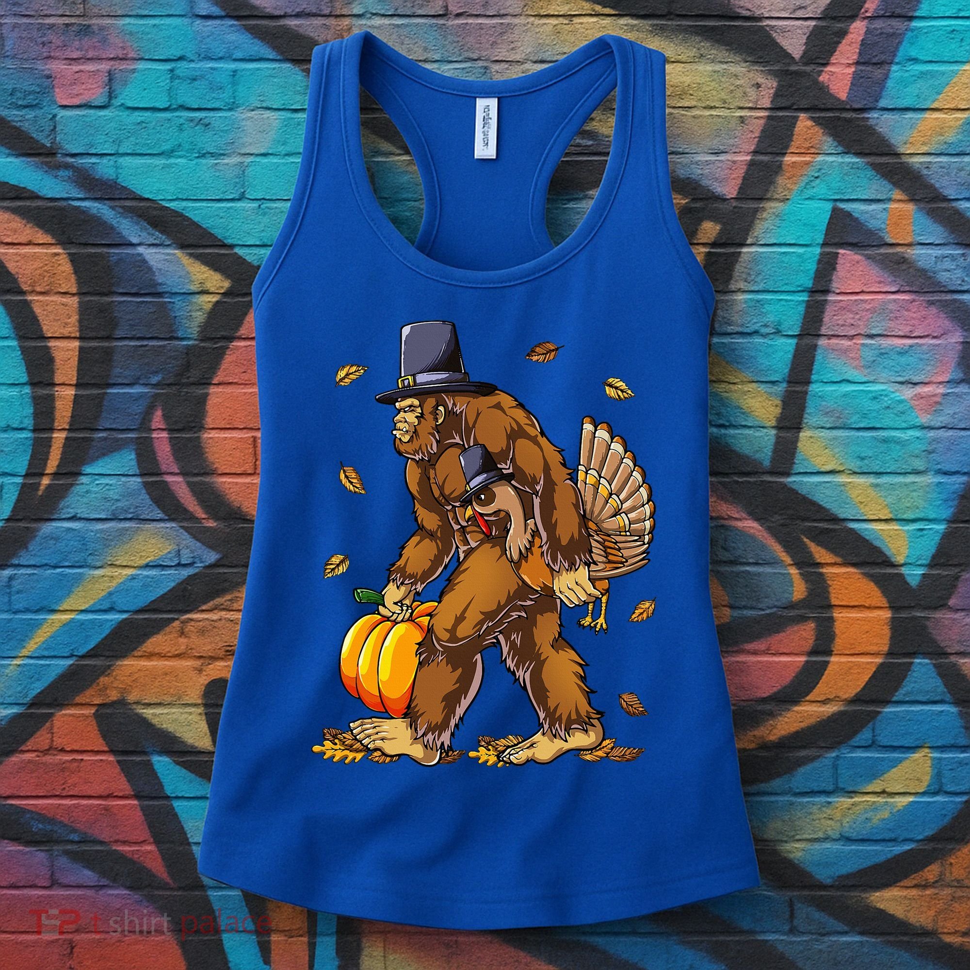 Bigfoot Pilgrim Turkey Pumpkin Thanksgiving Day Women's Tank Top