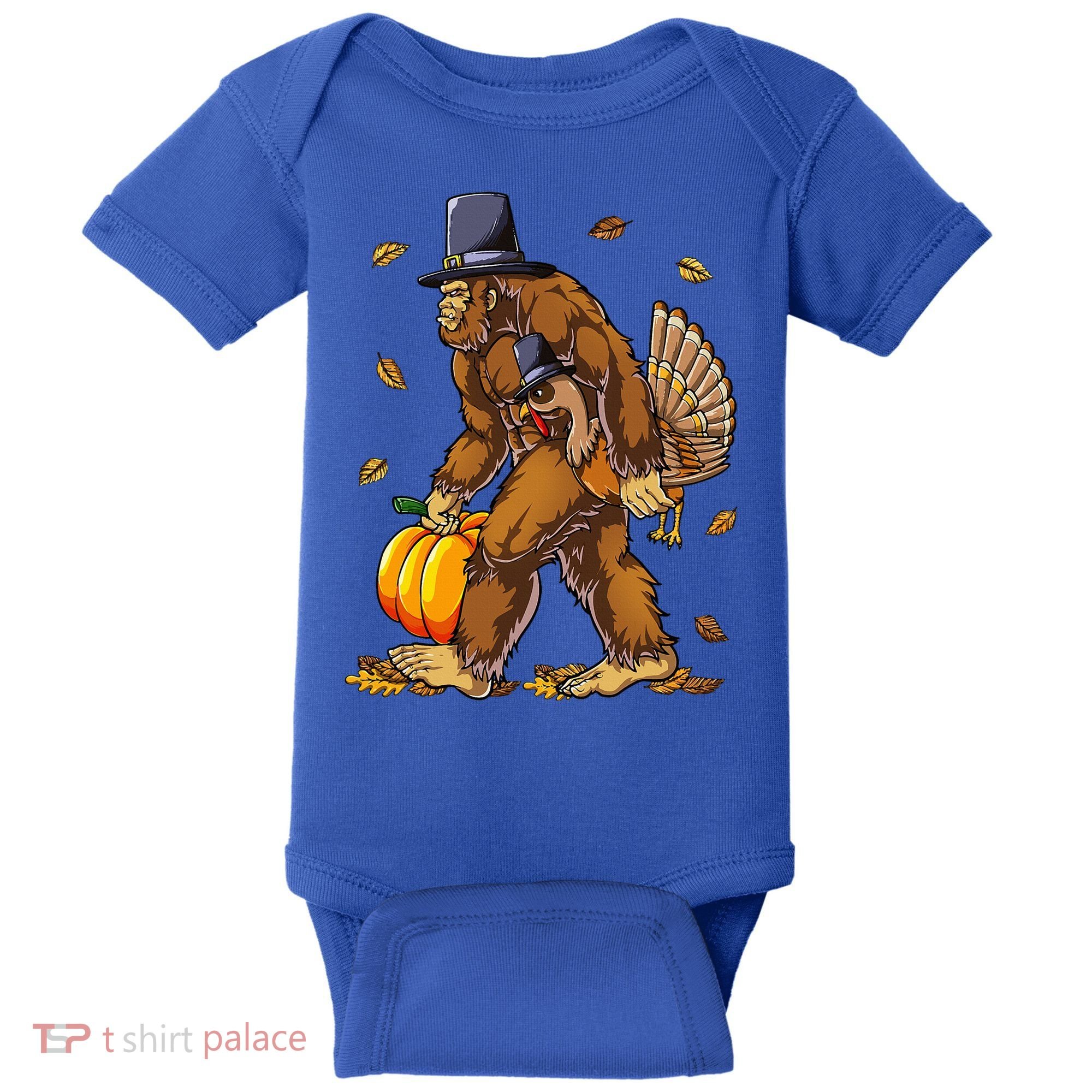 Bigfoot Pilgrim Turkey Pumpkin Thanksgiving Day Baby Bodysuit