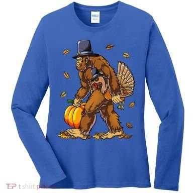 Bigfoot Pilgrim Turkey Pumpkin Thanksgiving Day Women's Long Sleeve Shirt