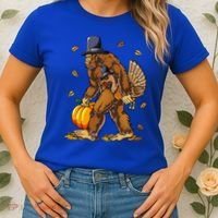 Bigfoot Pilgrim Turkey Pumpkin Thanksgiving Day Women's T-Shirt thumb 2