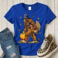 Bigfoot Pilgrim Turkey Pumpkin Thanksgiving Day Women's T-Shirt thumb 3