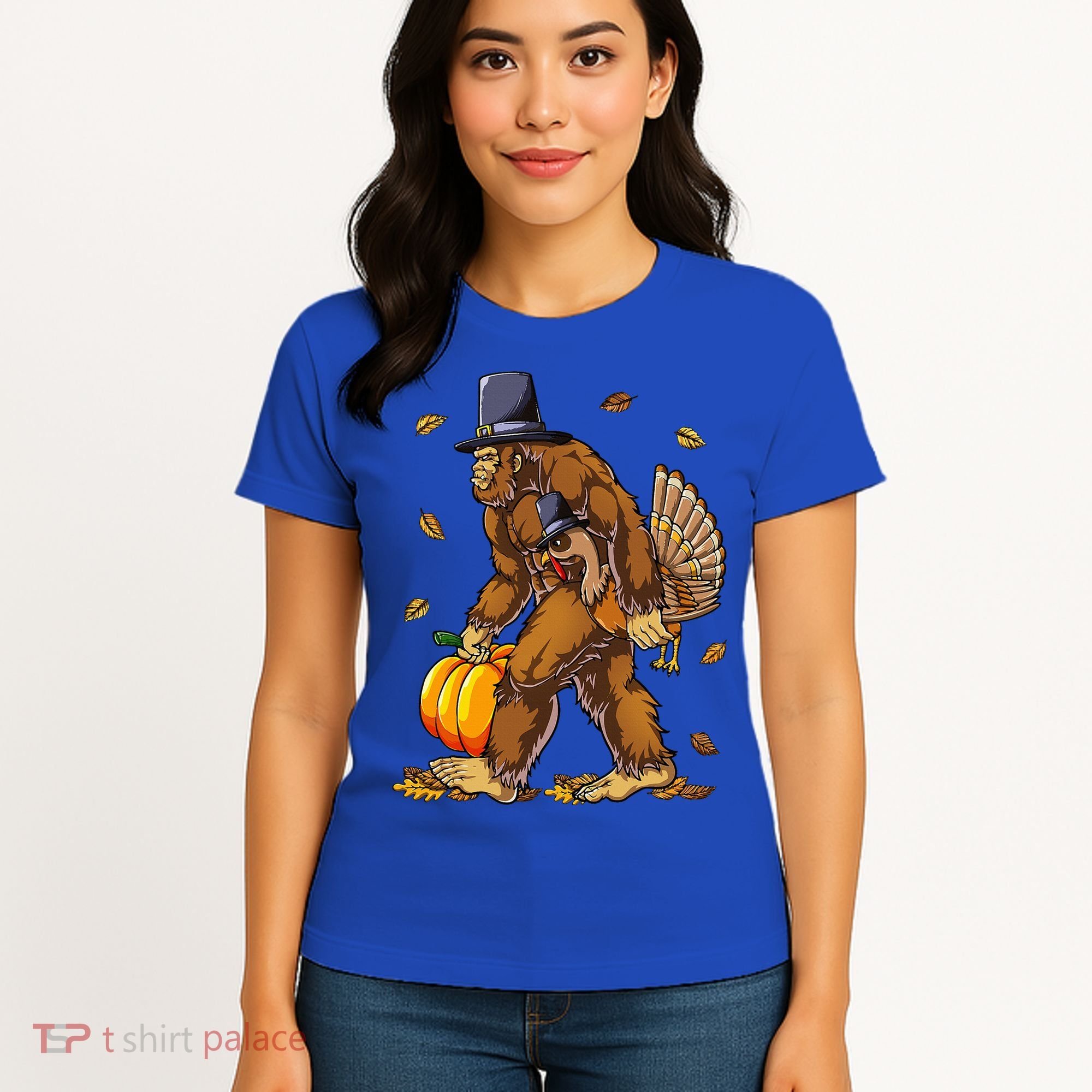 Bigfoot Pilgrim Turkey Pumpkin Thanksgiving Day Women's T-Shirt