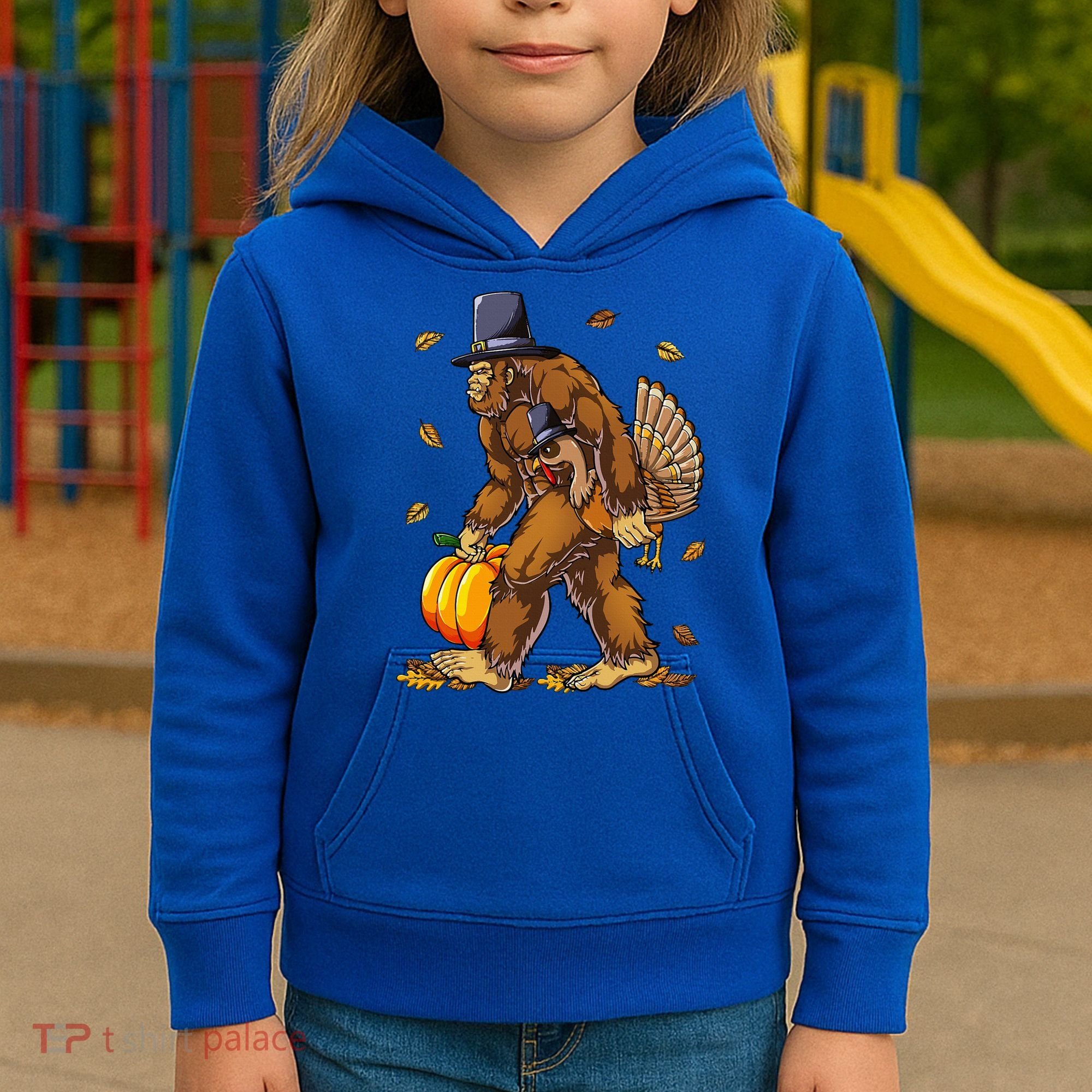 Bigfoot Pilgrim Turkey Pumpkin Thanksgiving Day Kids Hoodie