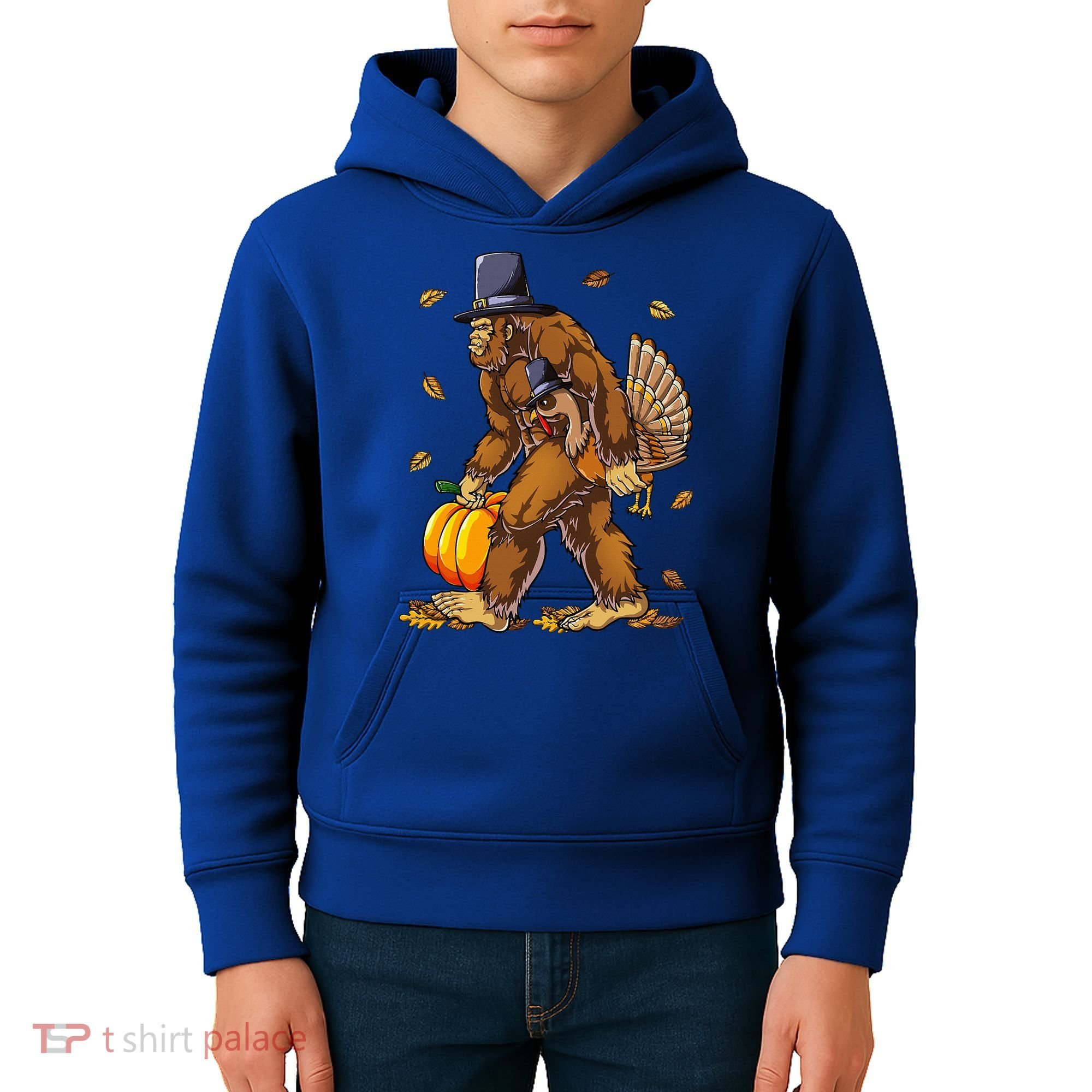 Bigfoot Pilgrim Turkey Pumpkin Thanksgiving Day Kids Hoodie