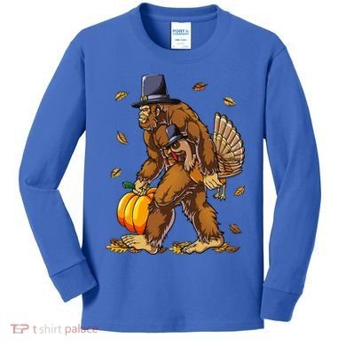 Bigfoot Pilgrim Turkey Pumpkin Thanksgiving Day Kids Long Sleeve Shirt