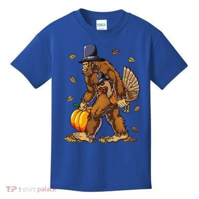 Bigfoot Pilgrim Turkey Pumpkin Thanksgiving Day Kids T-Shirt