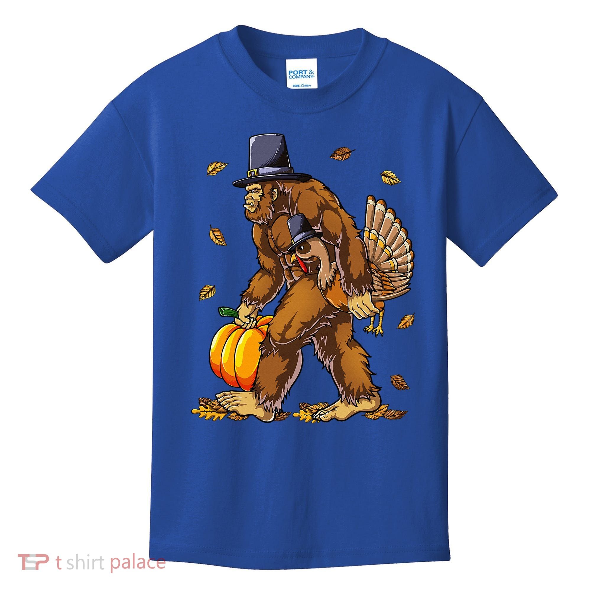 Bigfoot Pilgrim Turkey Pumpkin Thanksgiving Day Kids T-Shirt